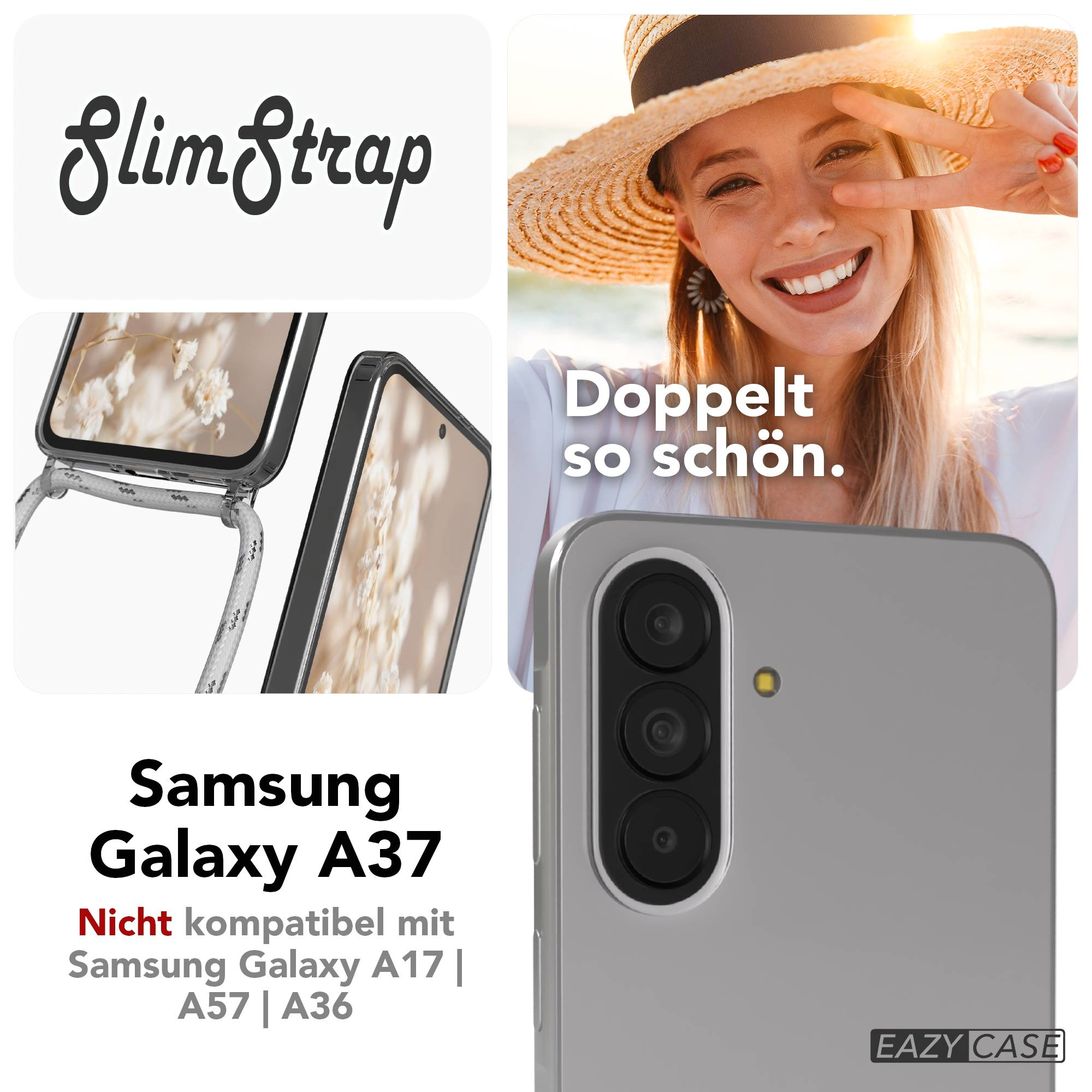 Ein Smartphone-Case mit Kamera und Band, daneben eine lachende Frau.