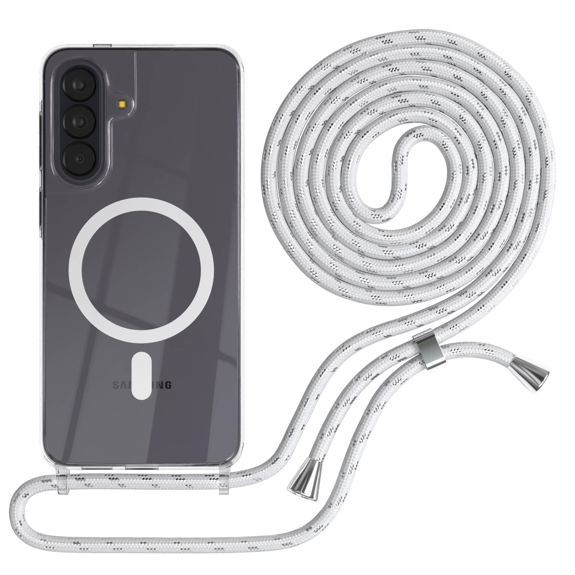 Ein Smartphone in einer durchsichtigen Hülle mit Lanyard und magnetischem Ring.