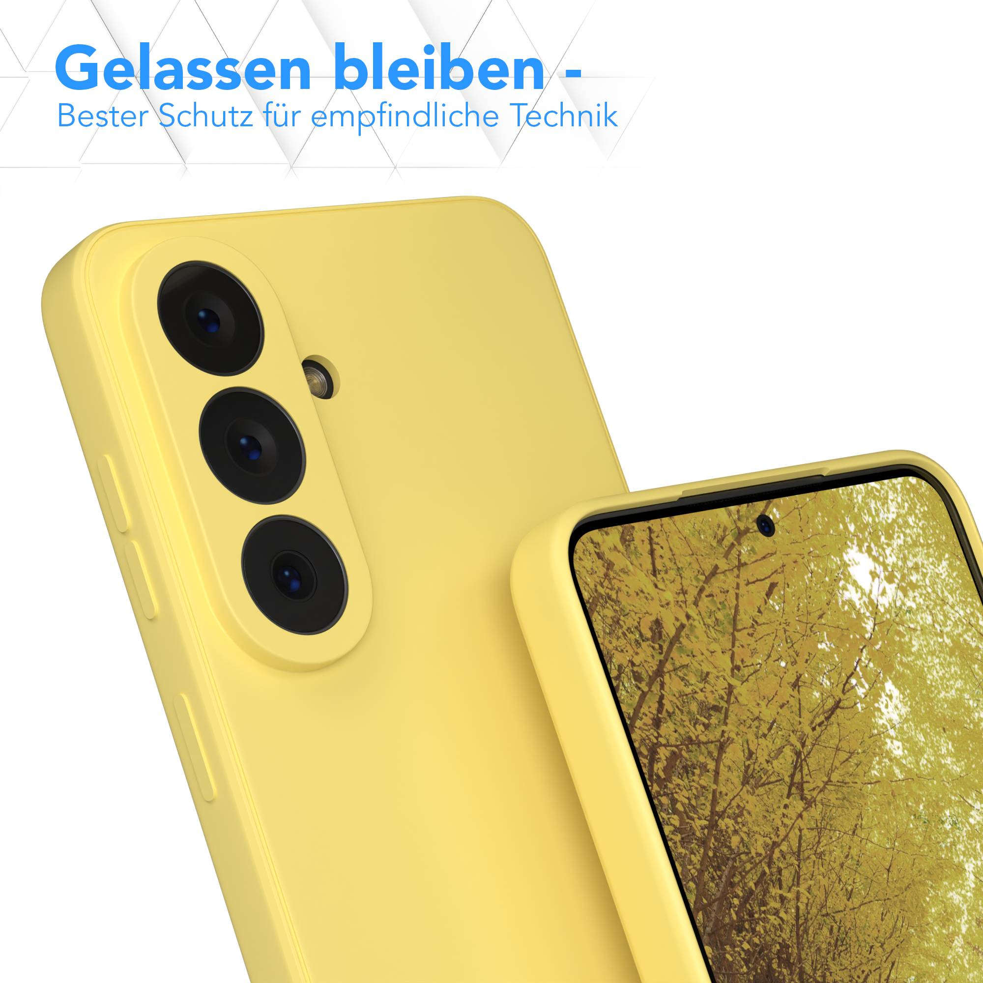 Gelbe Handyhülle mit drei Kameralinsen und Bildschirm mit Herbstlaub.