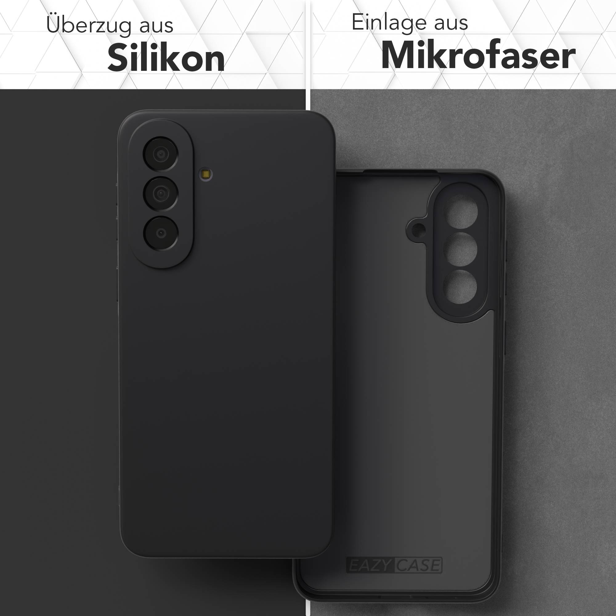 Zwei schwarze Handyhüllen: eine aus Silikon, eine aus Mikrofaser.