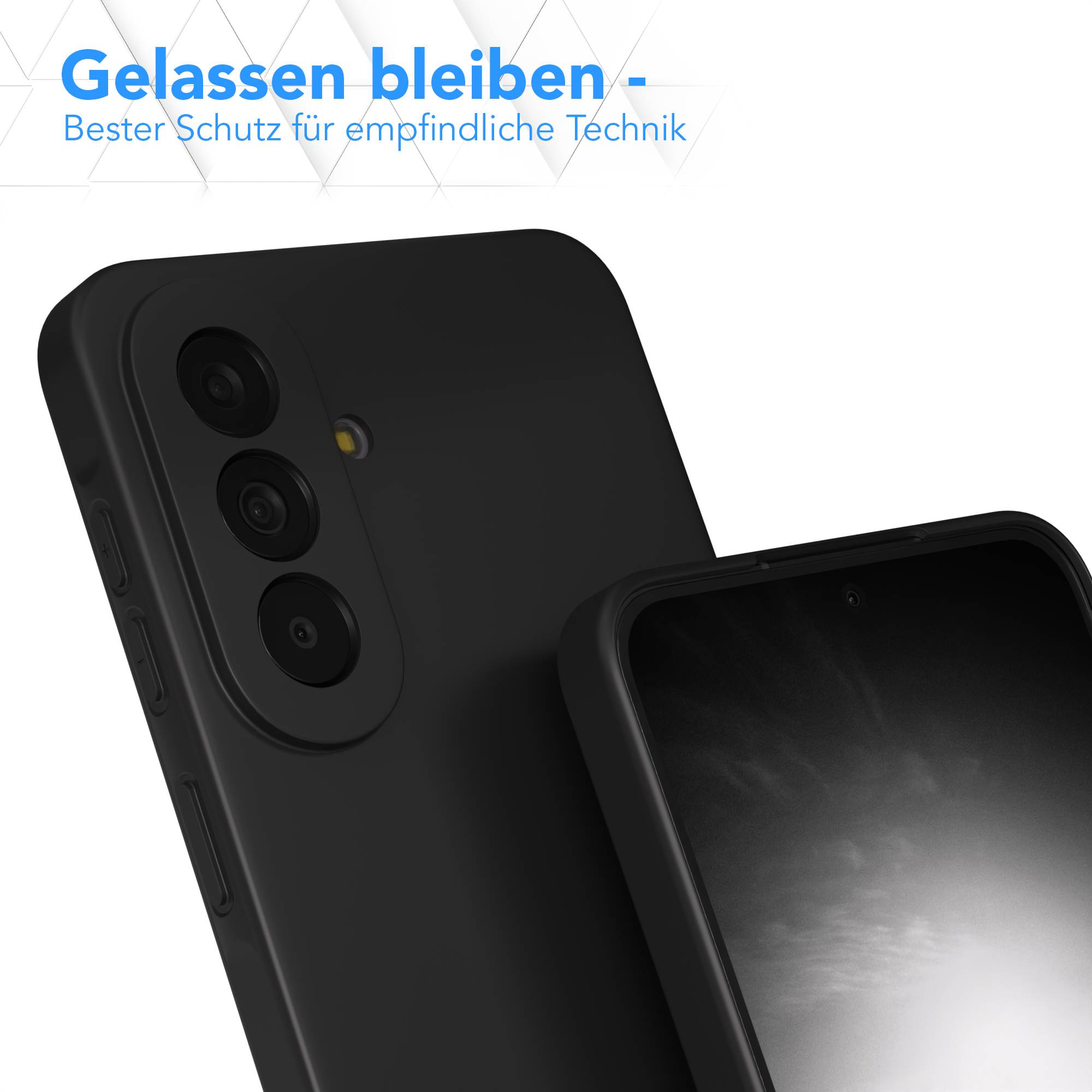 Nahaufnahme einer schwarzen Handyhülle mit einem Kameramodul und einer Frontkamera.