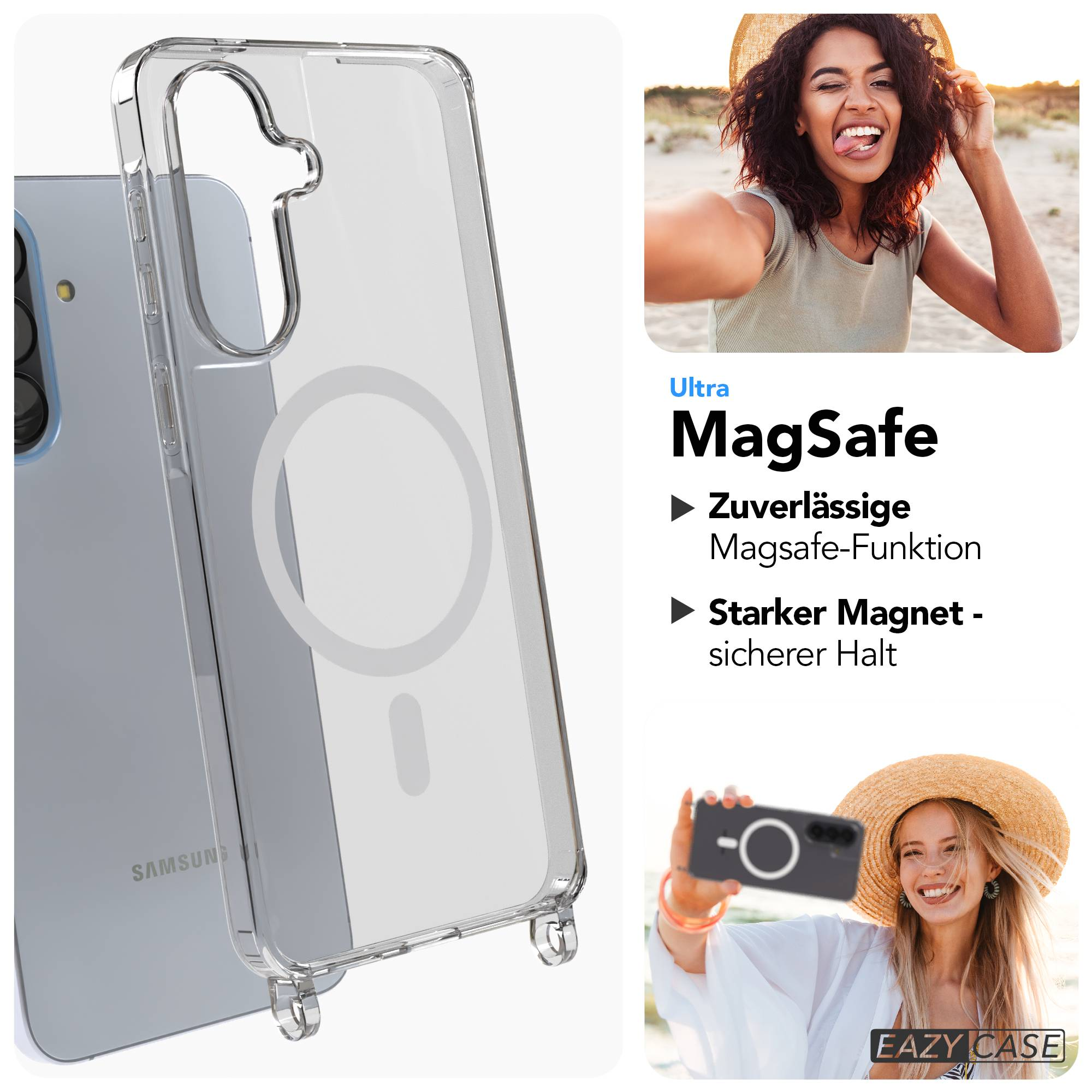 Transparente Handyhülle mit MagSafe-Funktion, gezeigt an einem Smartphone.
