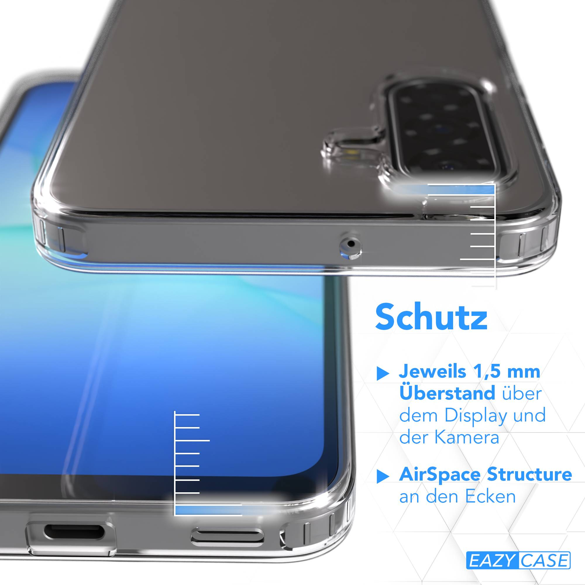 Transparente Handyhülle mit Text "Schutz" und Maßen.