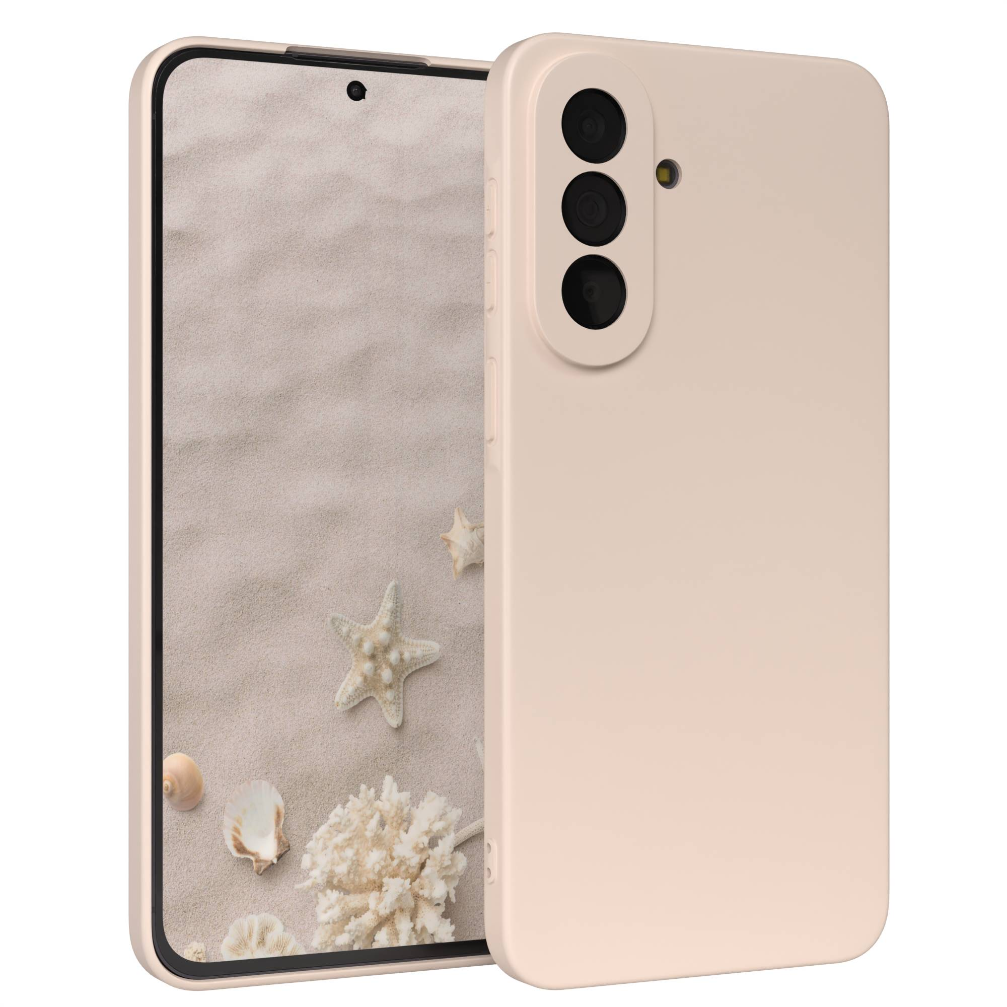 Ein hellrosa Smartphone mit drei Kameralinsen und einem Sternen- und Muschelhintergrund.