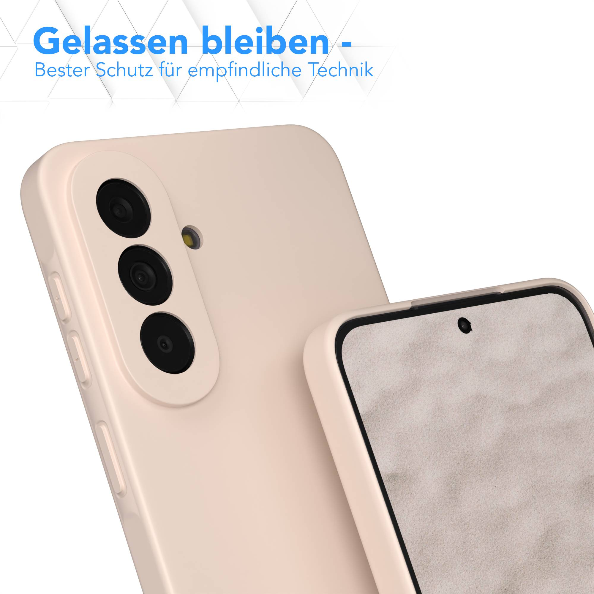 Eine naheinstellung eines hellbeigen Smartphones mit drei Kameras und einem Displayschutz.
