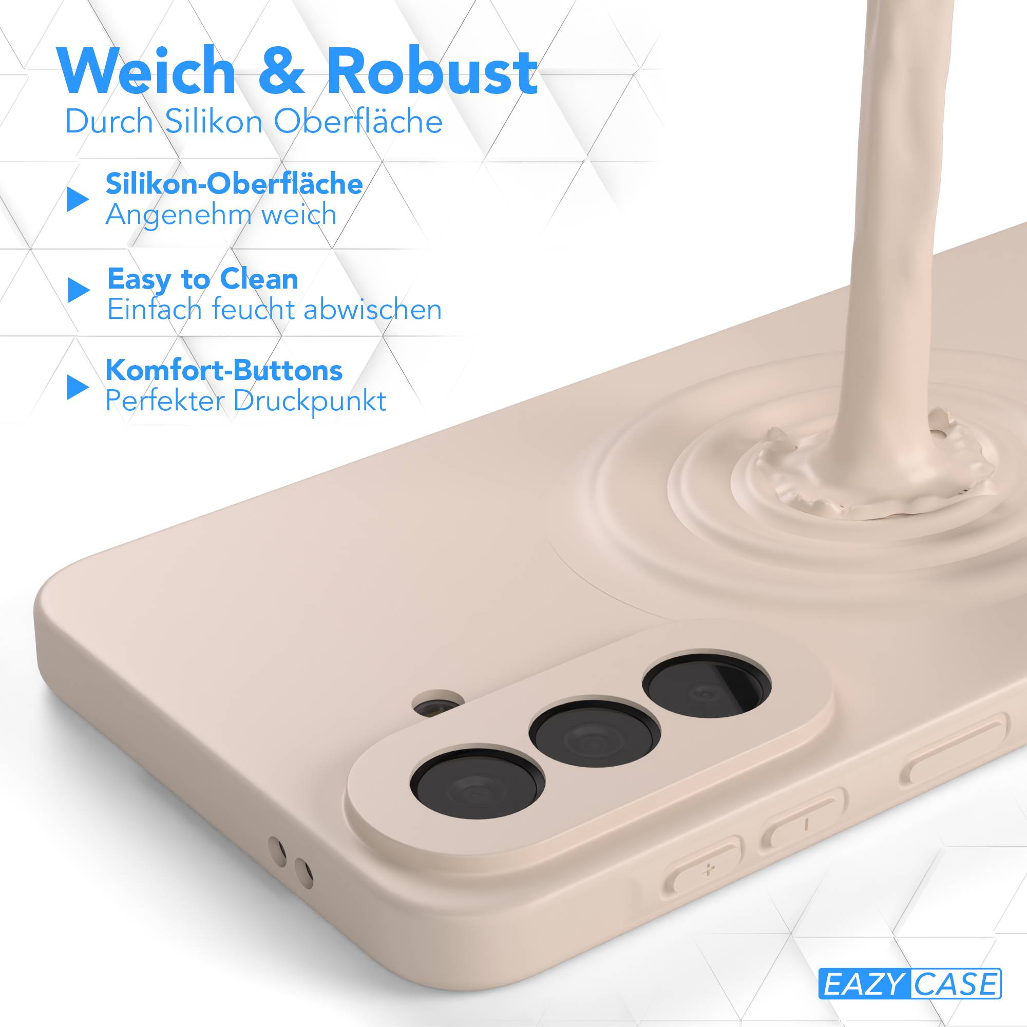 Beige Handyhülle mit Kameramodul und Text 'Weich & Robust'.