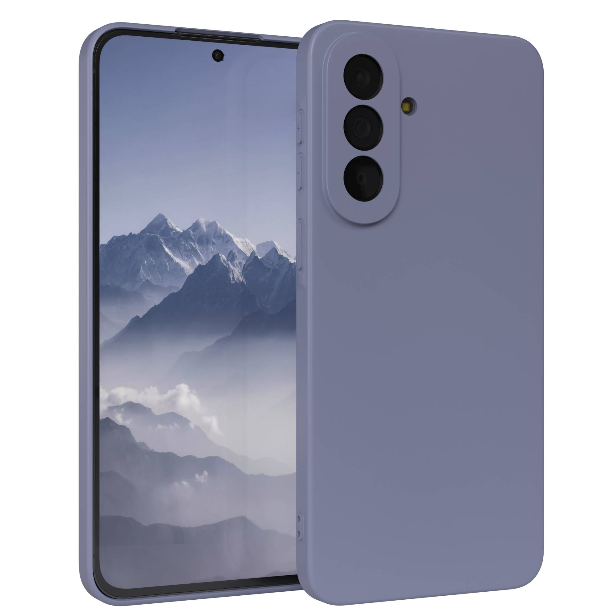 Ein lila Smartphone mit drei Kameras und Berggipfeln auf dem Bildschirm.