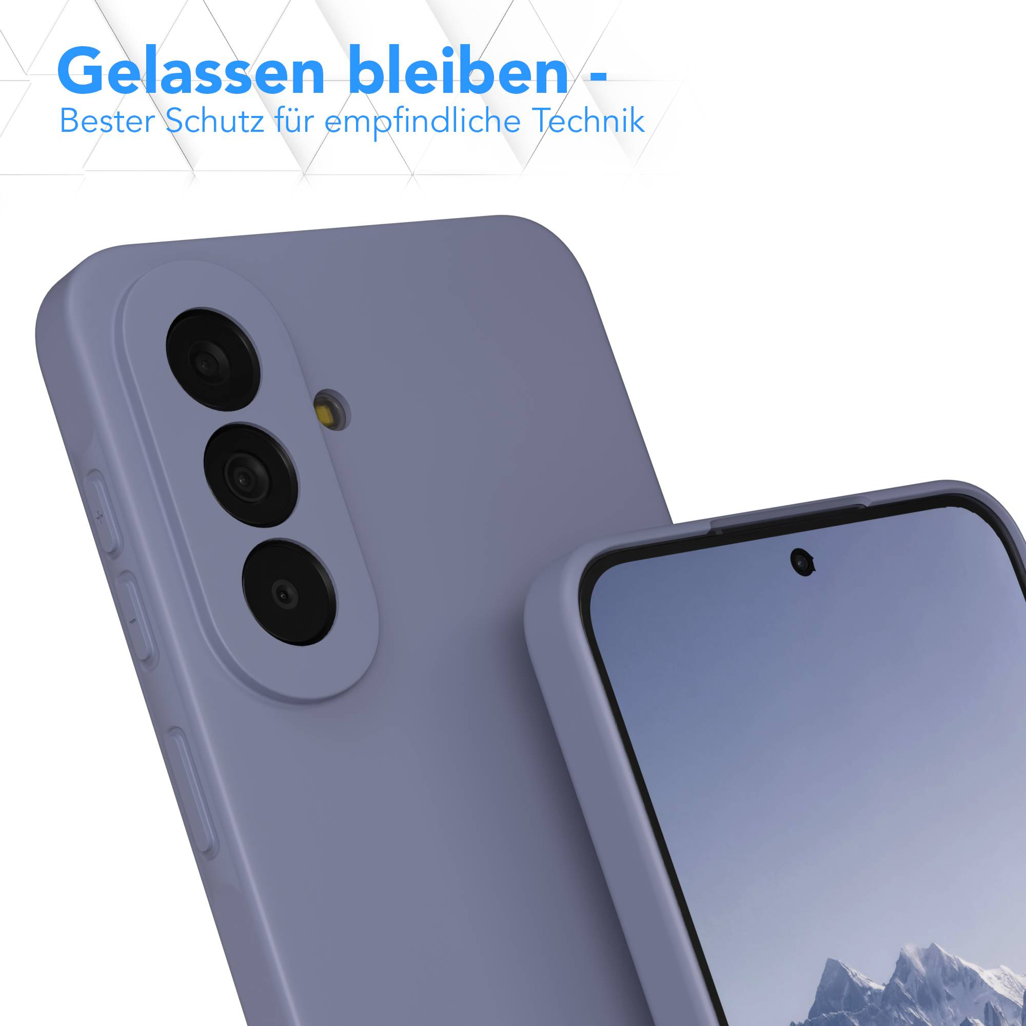 Ein lila Handy mit drei Kameras und einem Bildschirm, der Berge zeigt.