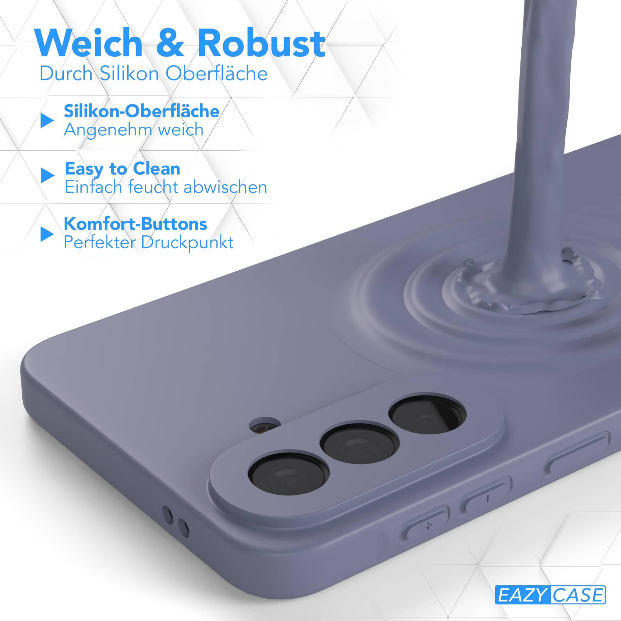 Eine lila Handyhülle mit den Texten 'Weich & Robust' und 'Eazy Case'.