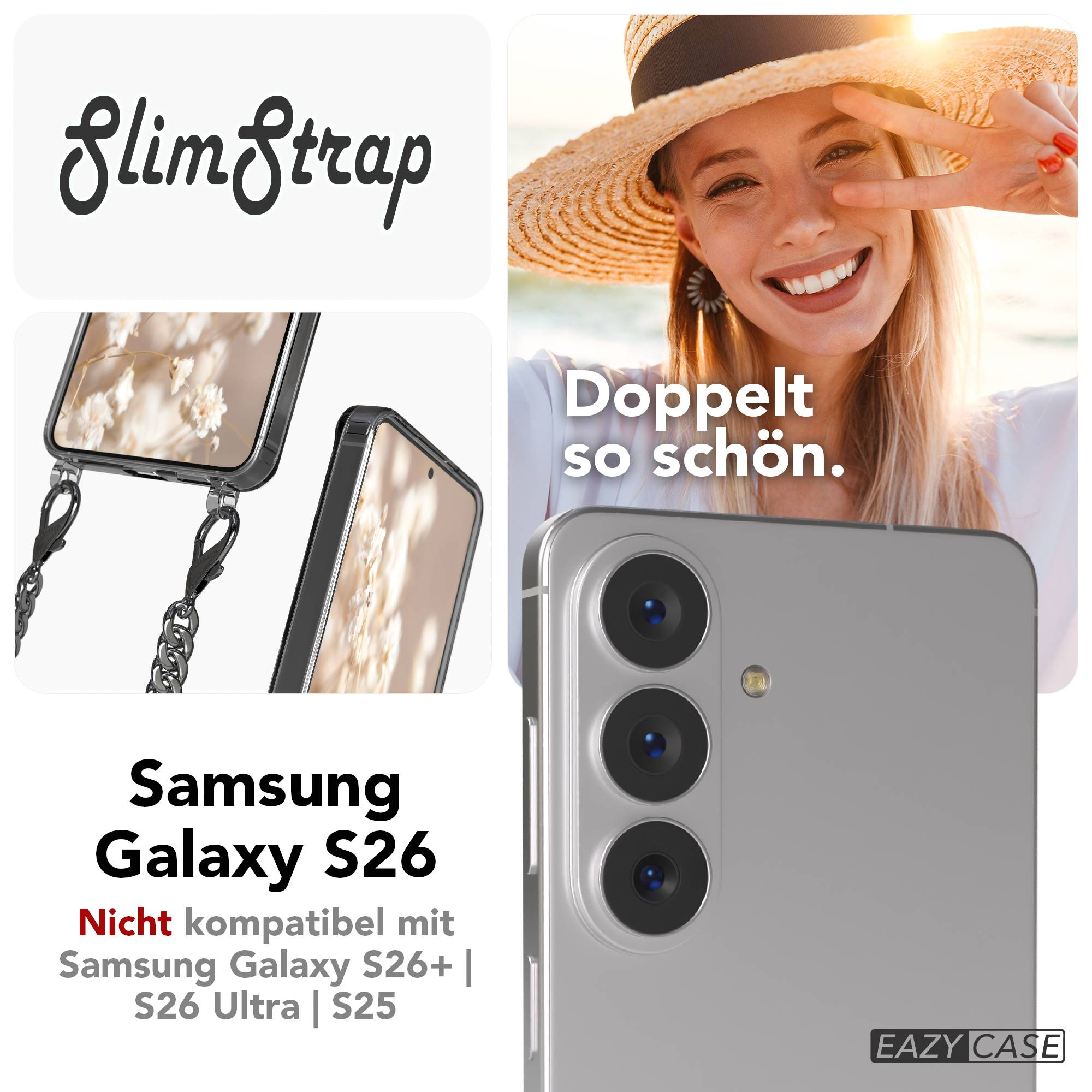 Samsung Galaxy S26 Hülle mit Kette. Frau mit Hut und Sonnenuntergang.