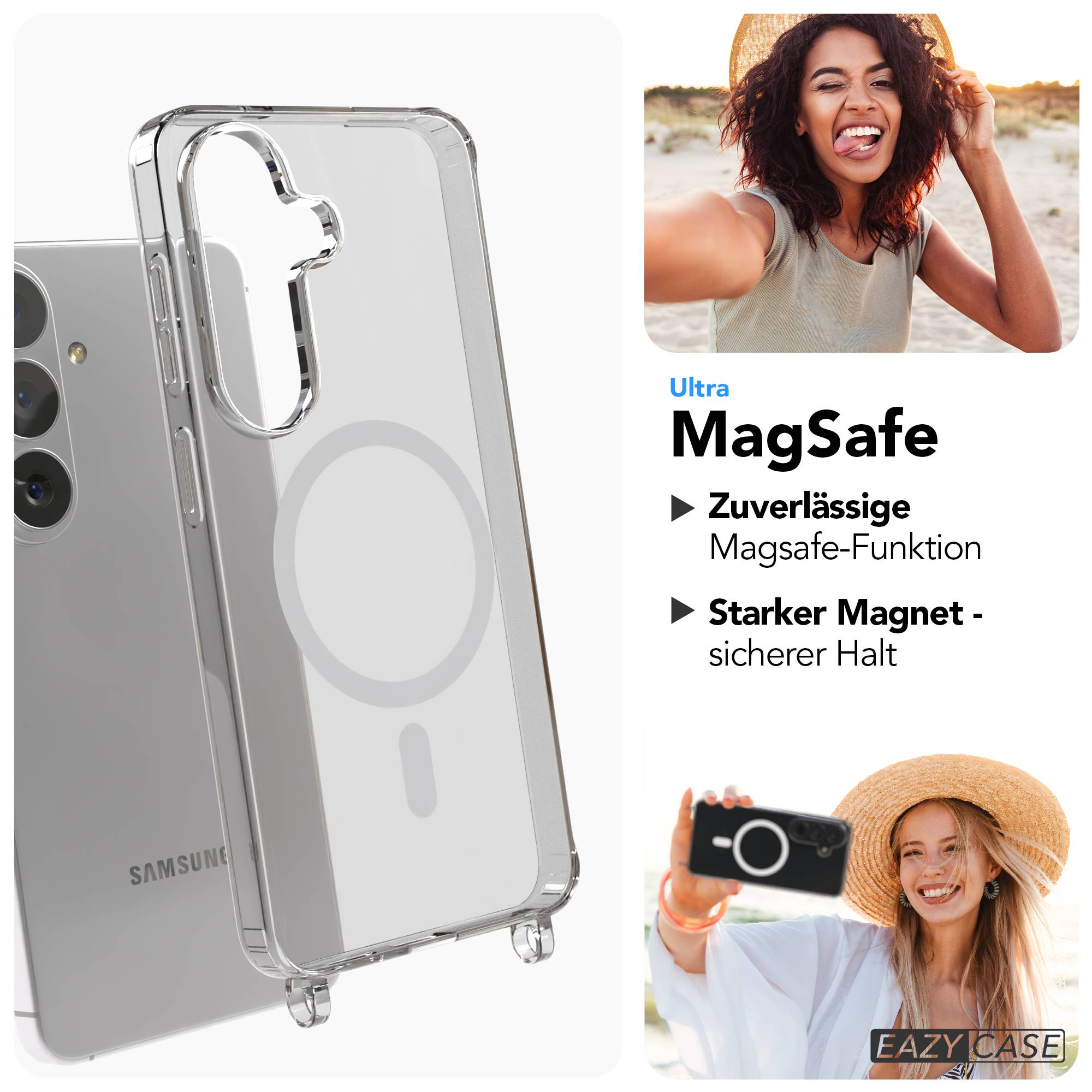 Transparente Handyhülle mit MagSafe-Funktion, gezeigt an einem Samsung-Handy.