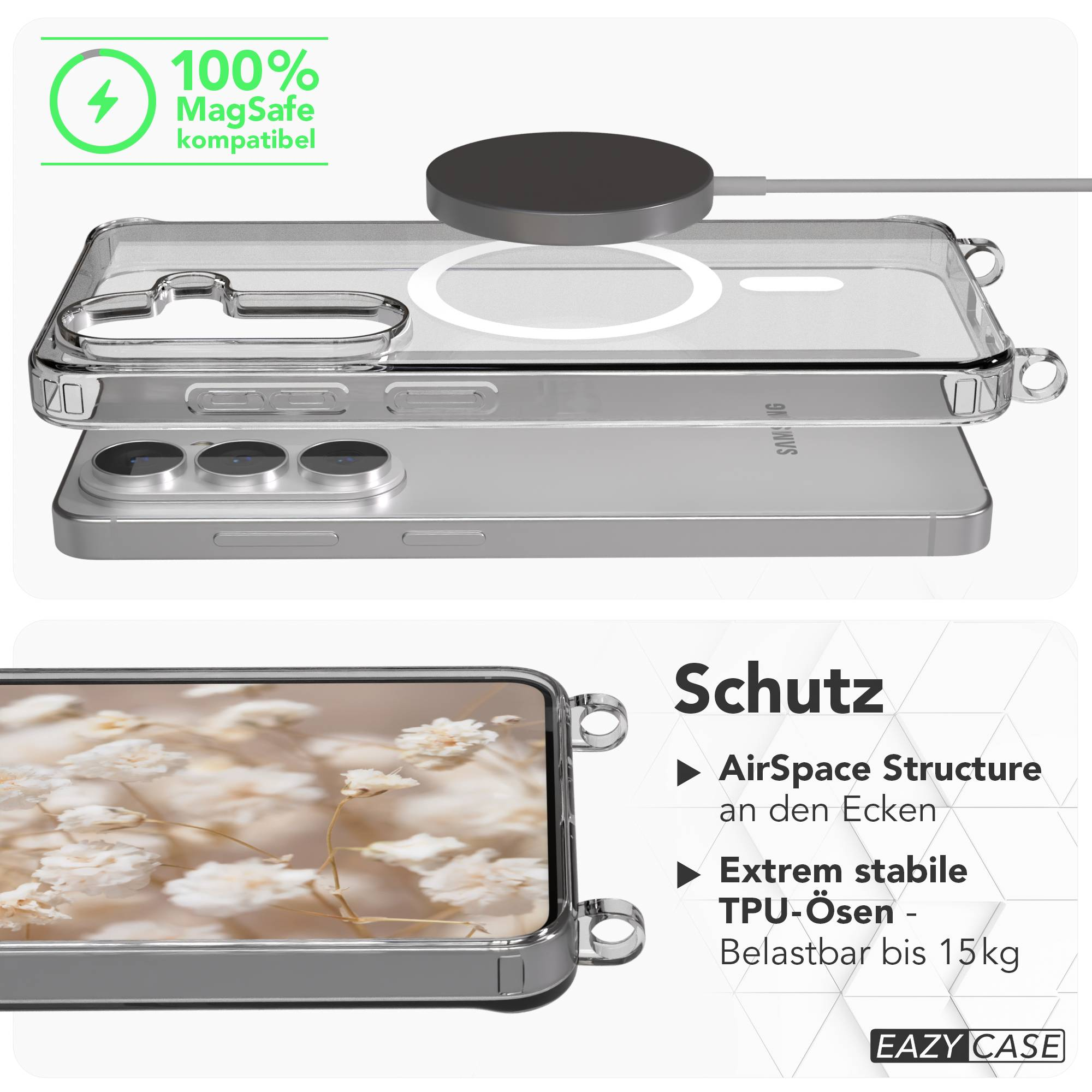 Transparente Handyhülle mit MagSafe-Kompatibilität und Blumenmuster.