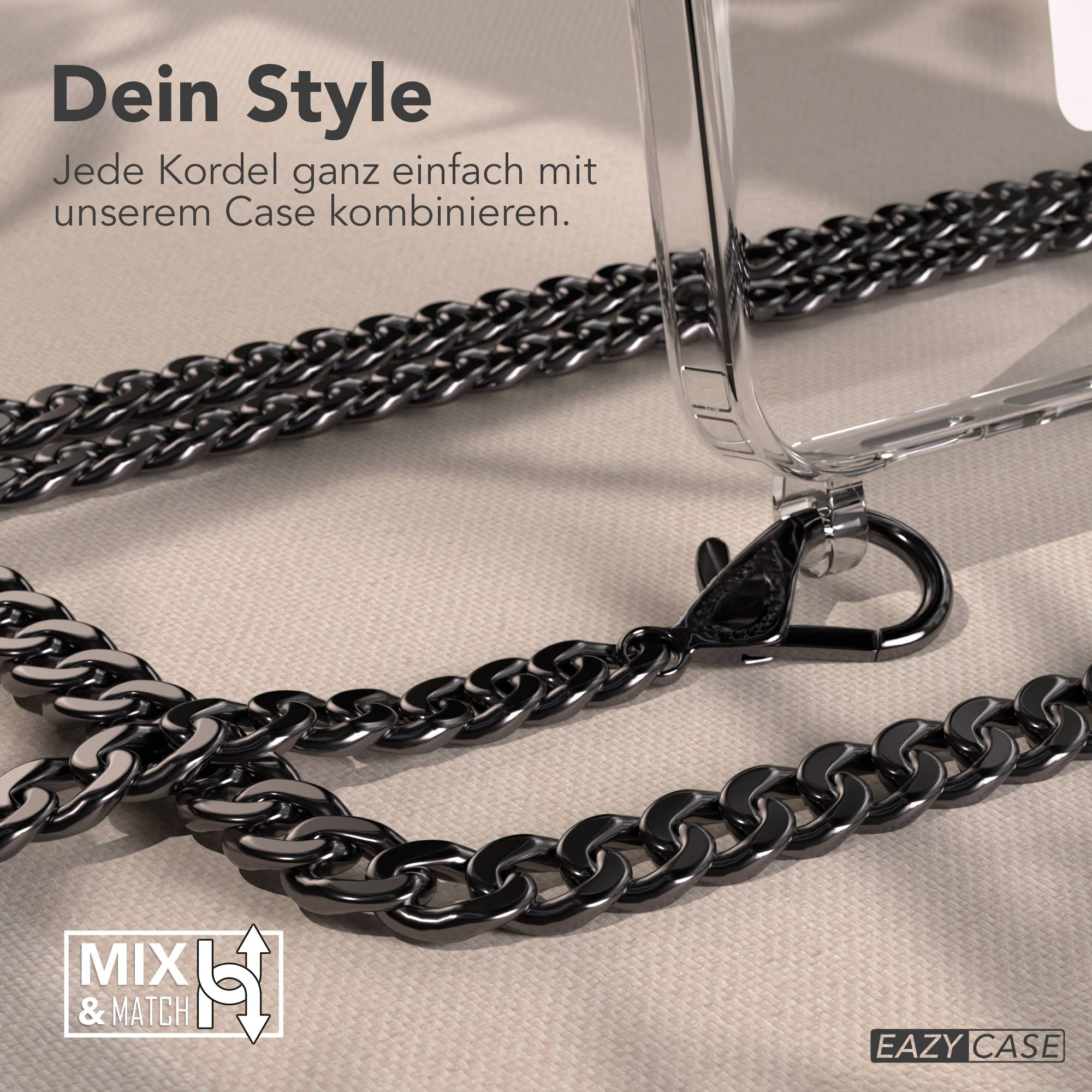 Ein silbernes Kettchen mit einem transparenten Handycover. "Dein Style".