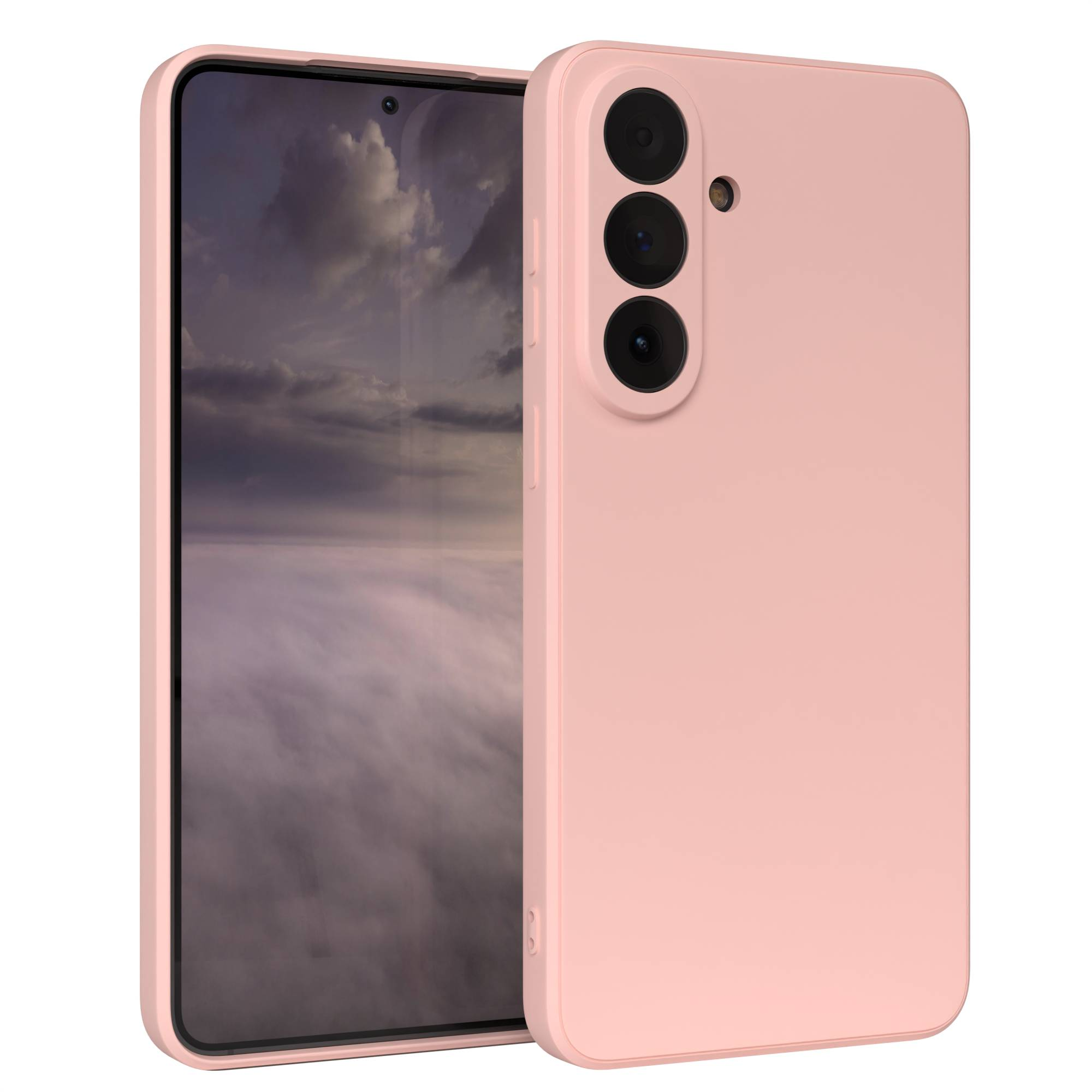 Ein rosafarbenes Handy mit einer Dreifachkamera und einem Bildschirm mit Wolkenmotiv.