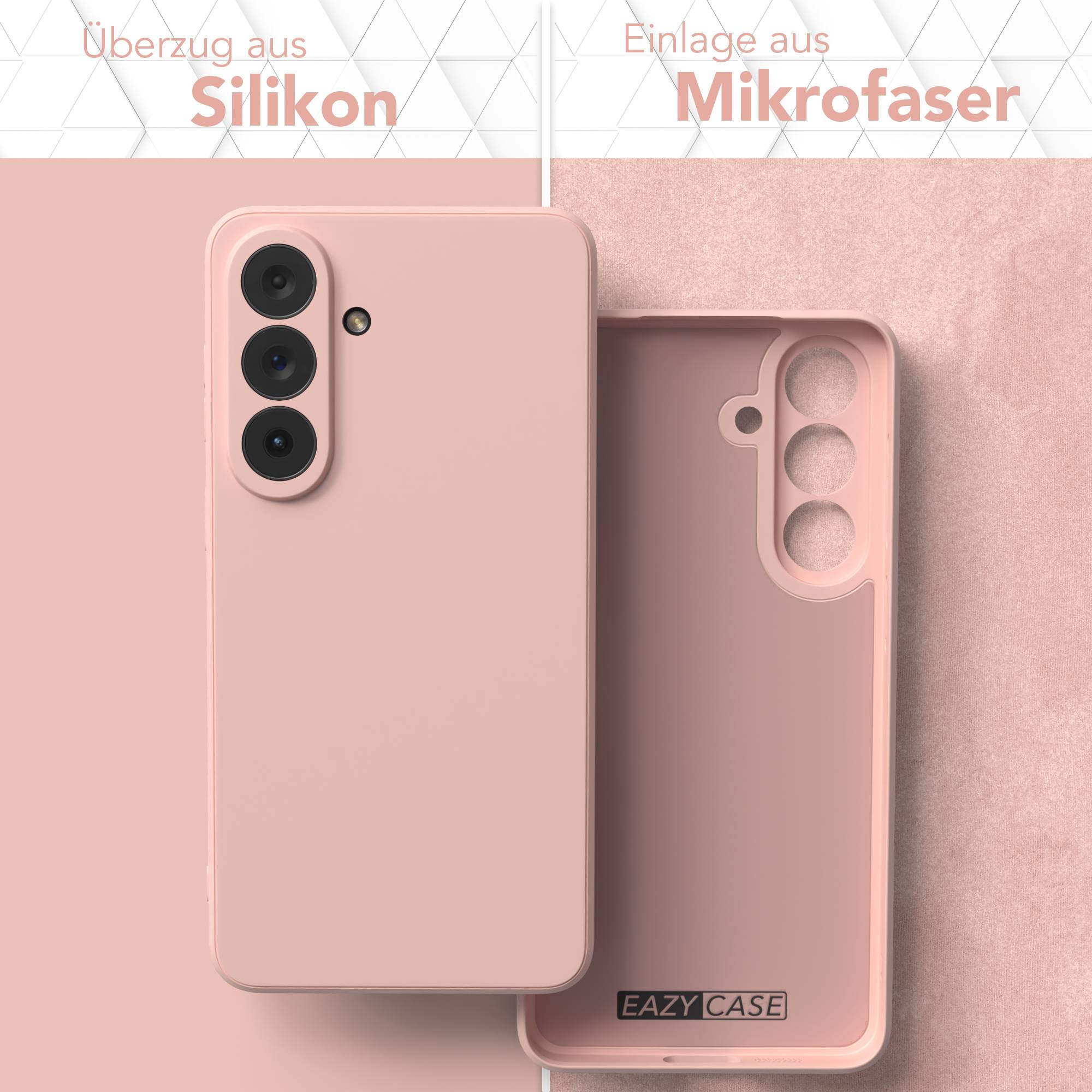 Zwei rosafarbene Handyhüllen nebeneinander. Eine aus Silikon, die andere aus Mikrofaser.