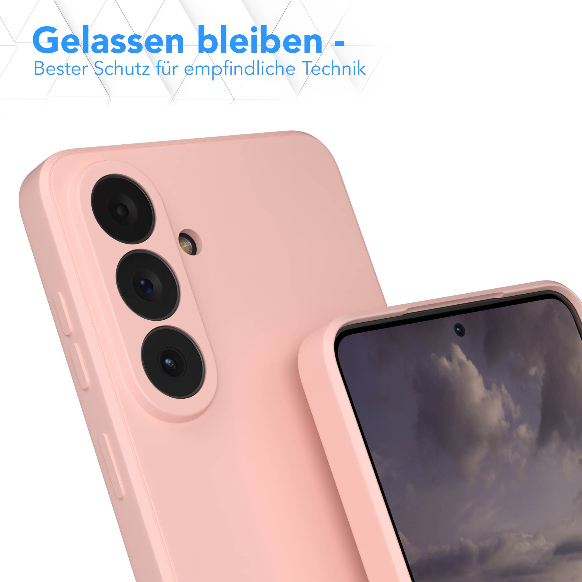 Ein rosafarbener Handyhülle mit drei Kameralinsen und einem Bildschirm.