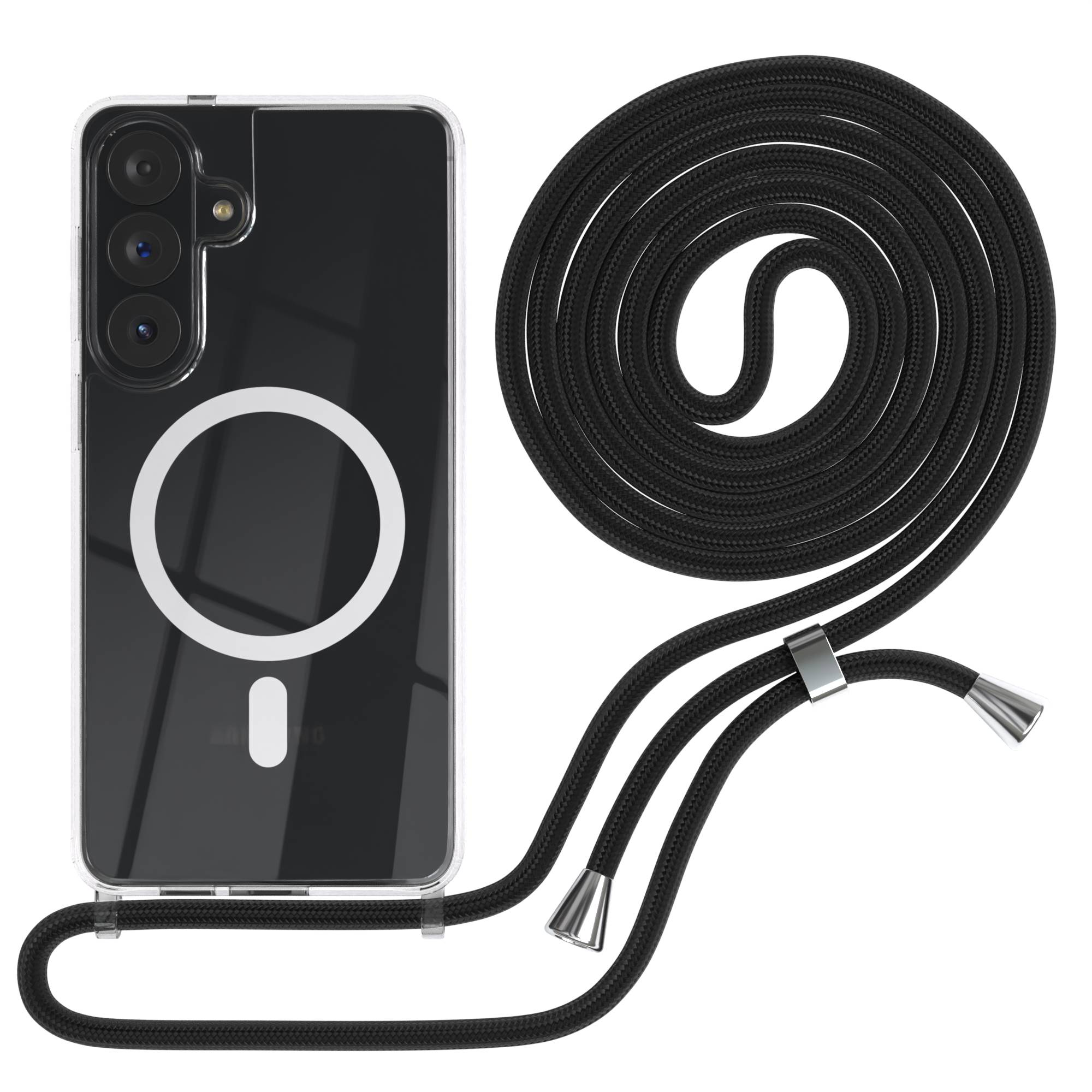 Ein schwarzes Handyhüllen-Lanyard mit Metallspitzen, das an einer transparenten Hülle befestigt ist.