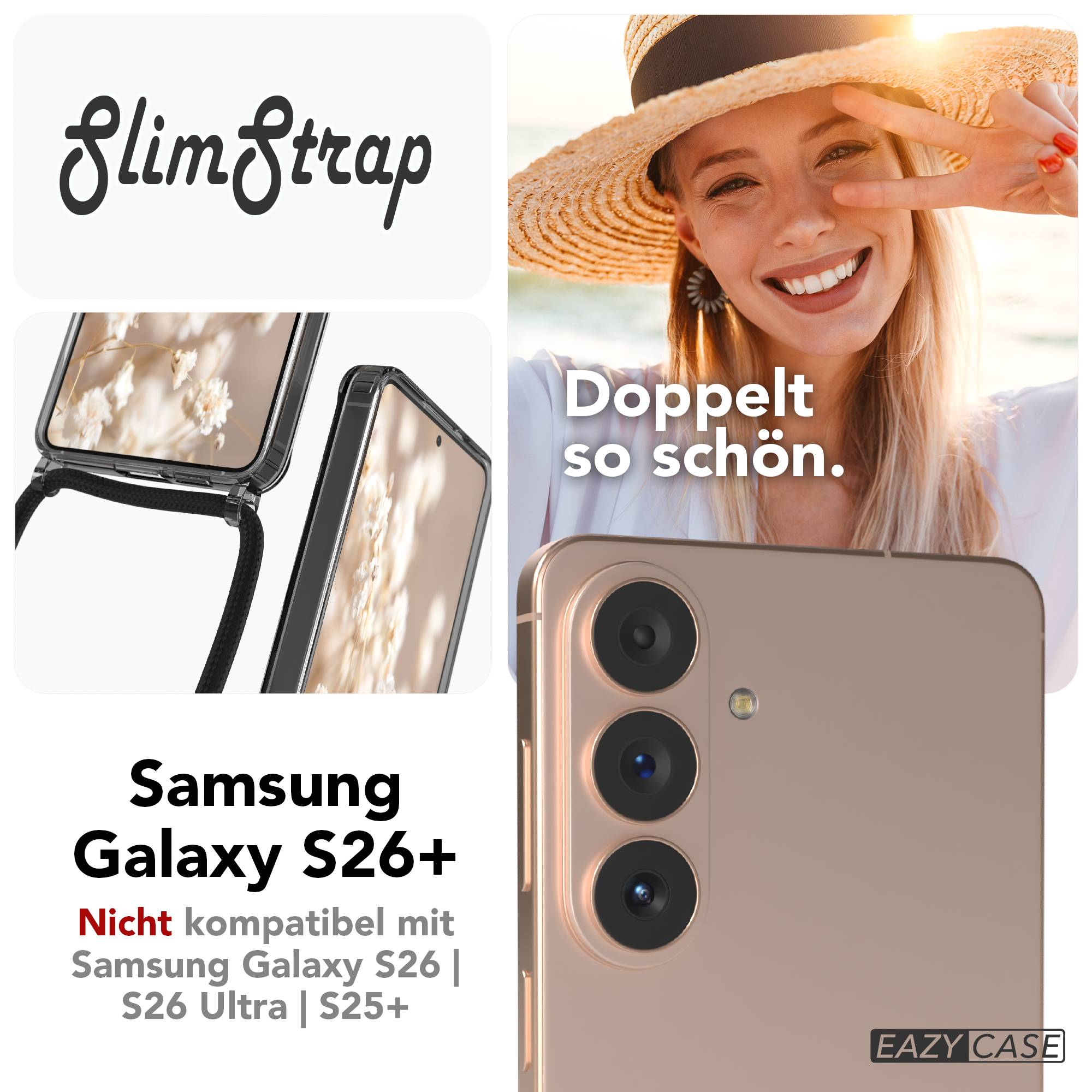 Ein Samsung S26+ Handy mit Hülle und Band. Ein Model mit Hut im Hintergrund.