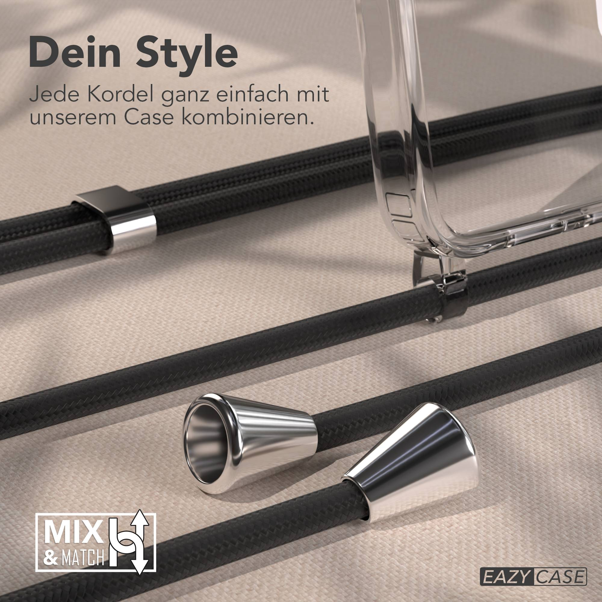 Schwarze Kordeln mit silbernen Endstücken und einem transparenten Handyhülle-Rahmen.