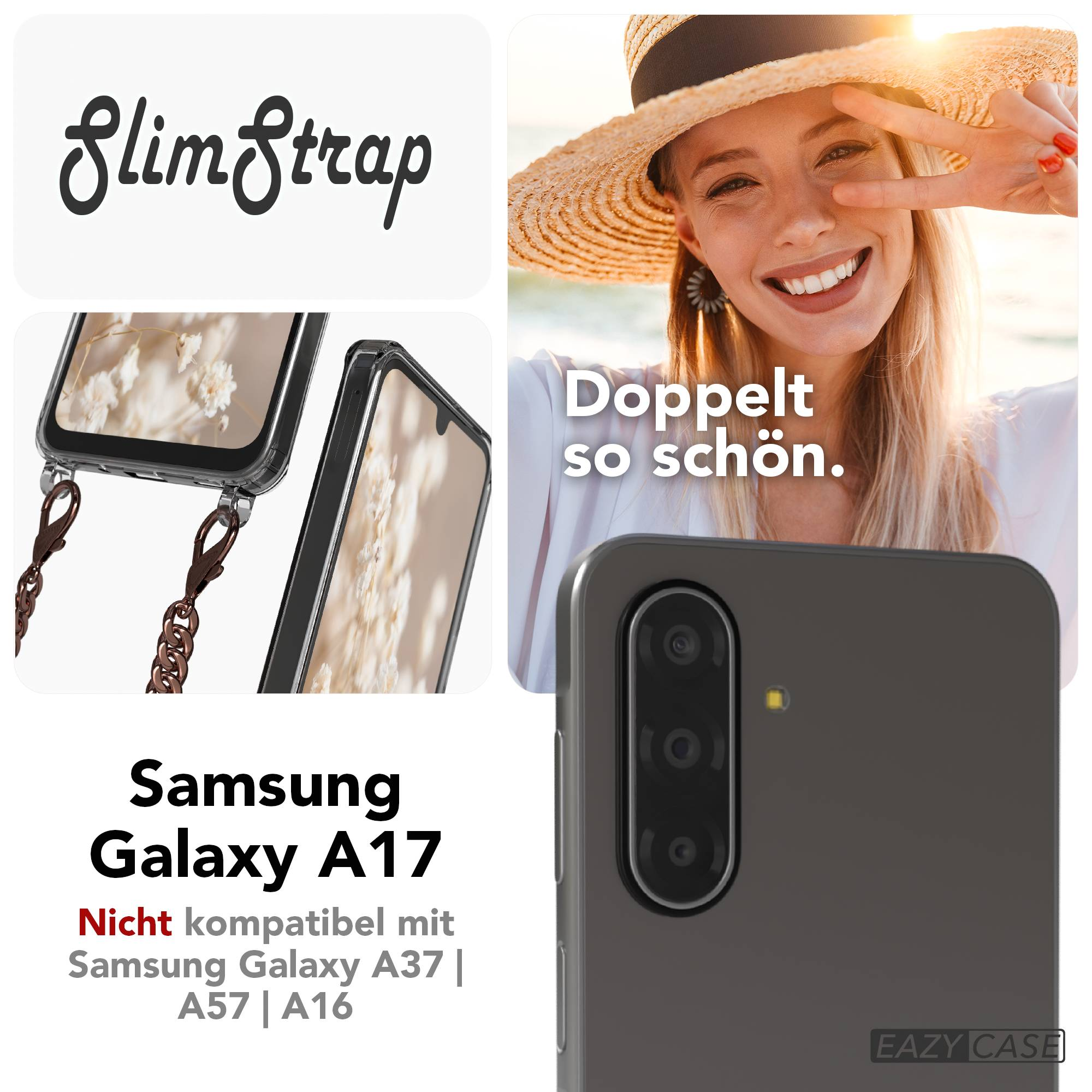Ein Samsung Galaxy A17 mit Kette, neben einer lachenden Frau mit Hut.