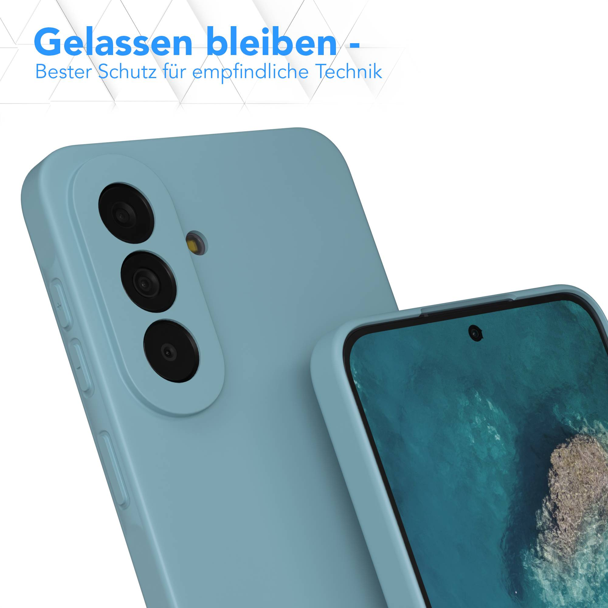 Ein blaues Handy mit drei Kameras und einem Bildschirm mit Wasseransicht.