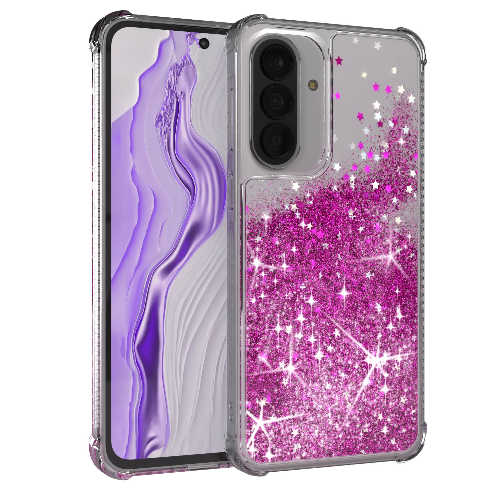 Ein Handy mit durchsichtigem Hülle mit pinken Glitzersternen.