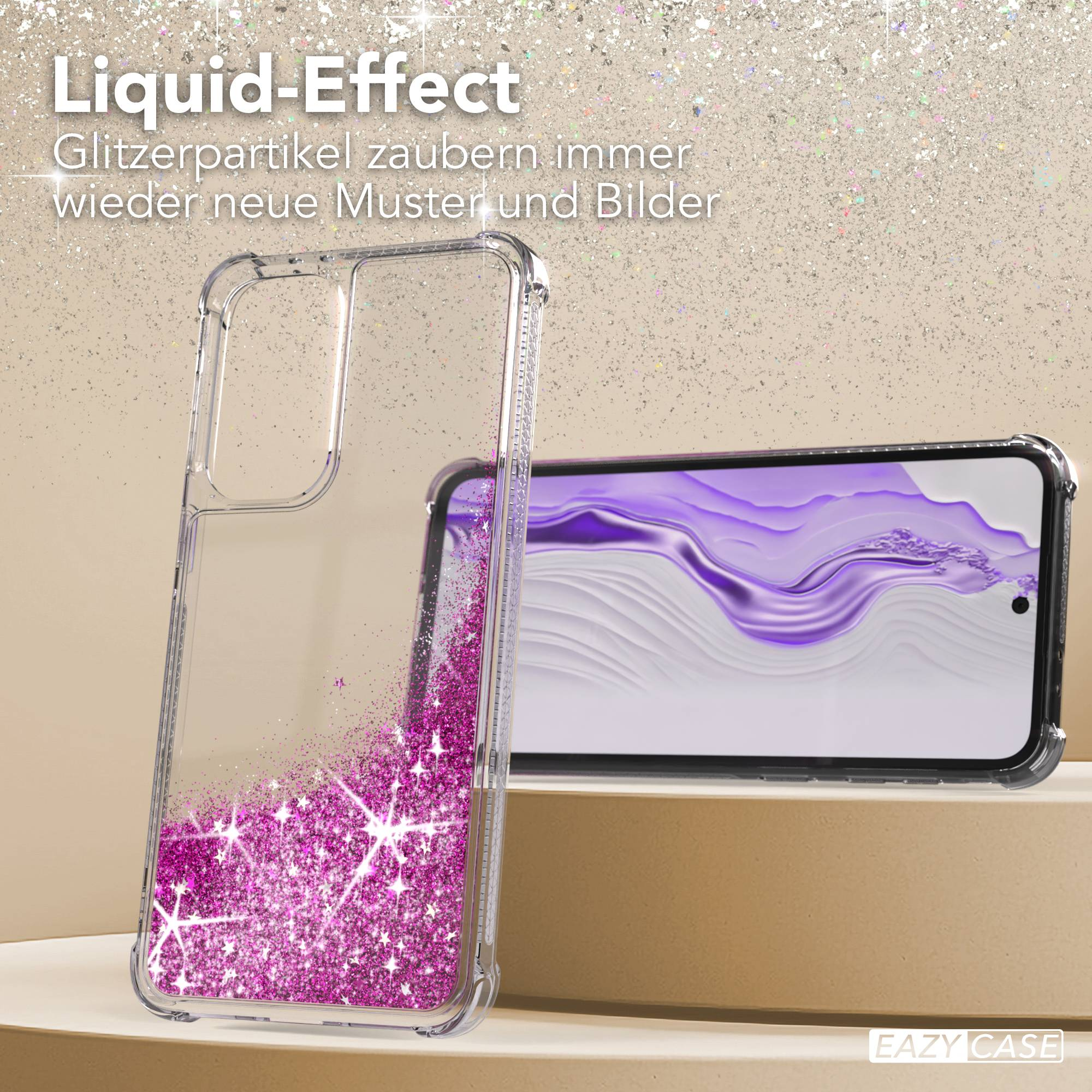 Transparente Handyhülle mit pinken Glitzerpartikeln und einem Smartphone.