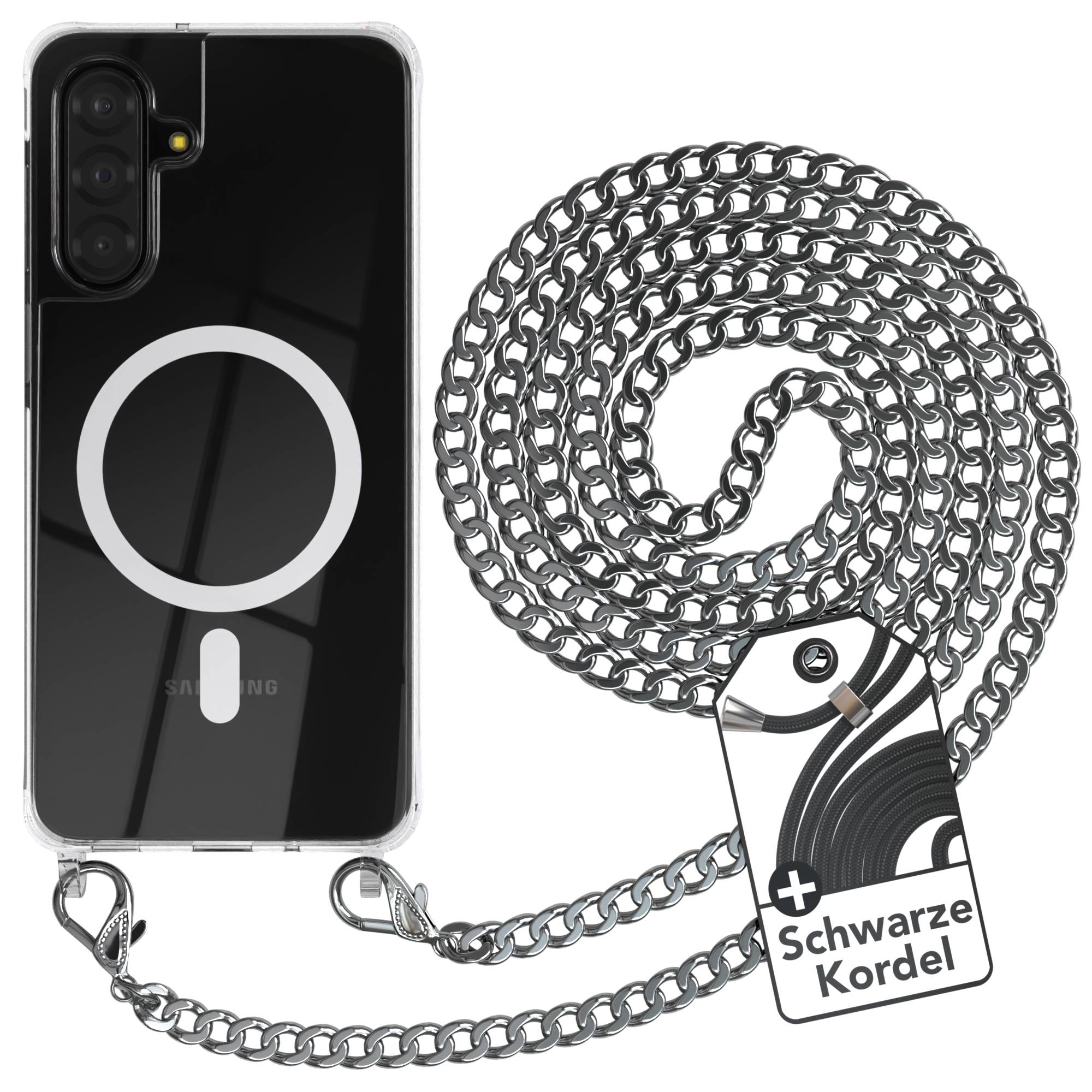 Klare Handyhülle mit MagSafe-Kreis und Metallketten-Lanyard auf Weiß.