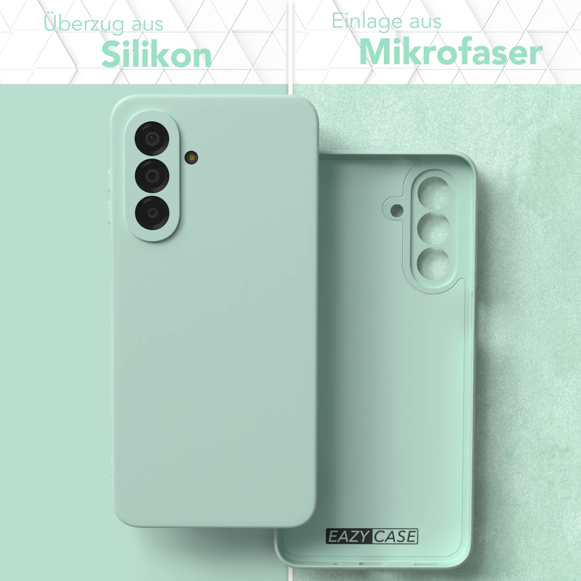 Zwei mintgrüne Handyhüllen im Vergleich: Silikon und Mikrofaser.