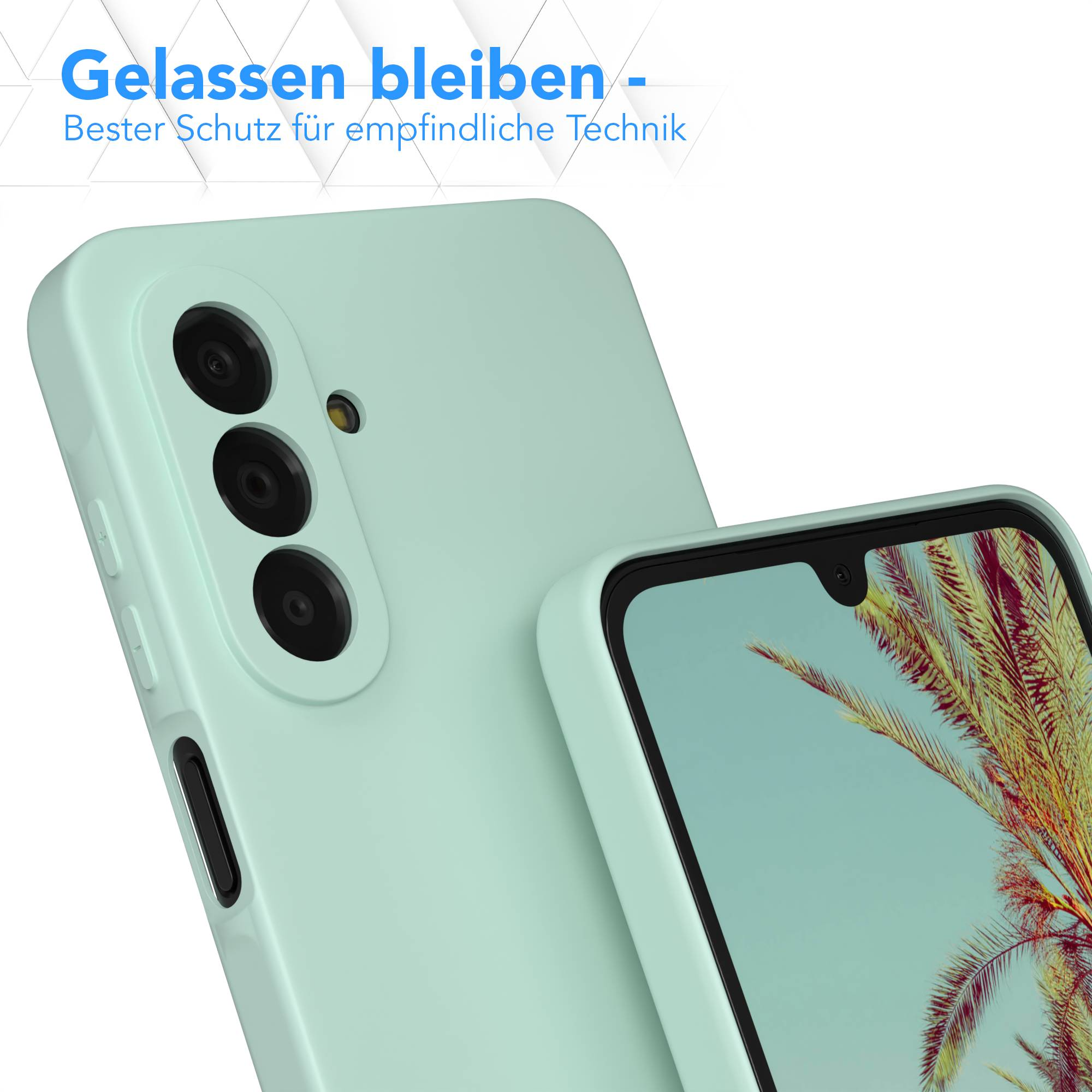 Hellgrüne Handyhülle mit drei Kameras und einem Bildschirm mit Palmenmotiv.