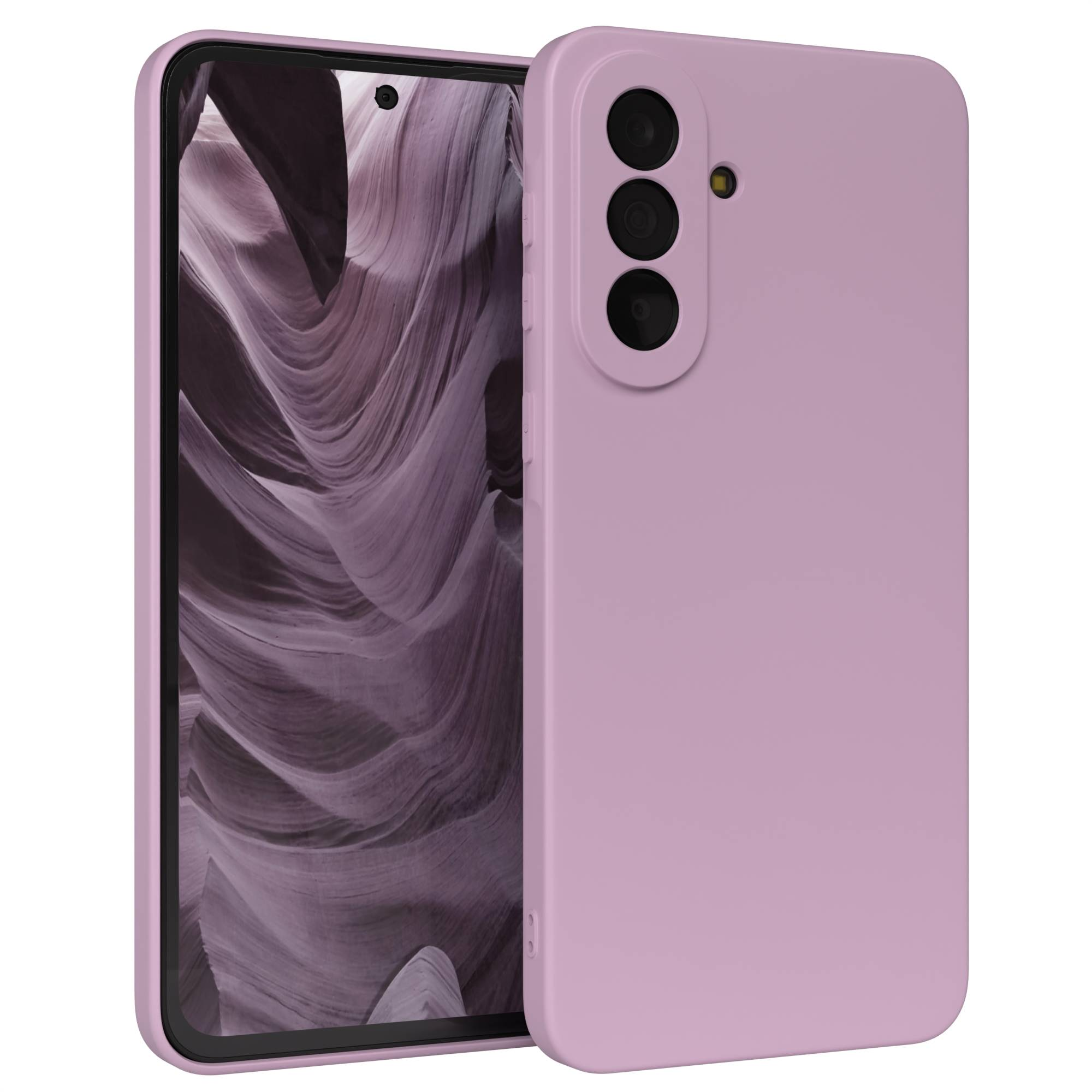 Ein lilafarbenes Handy mit drei Kameras und einer Wüstenlandschaft auf dem Bildschirm.