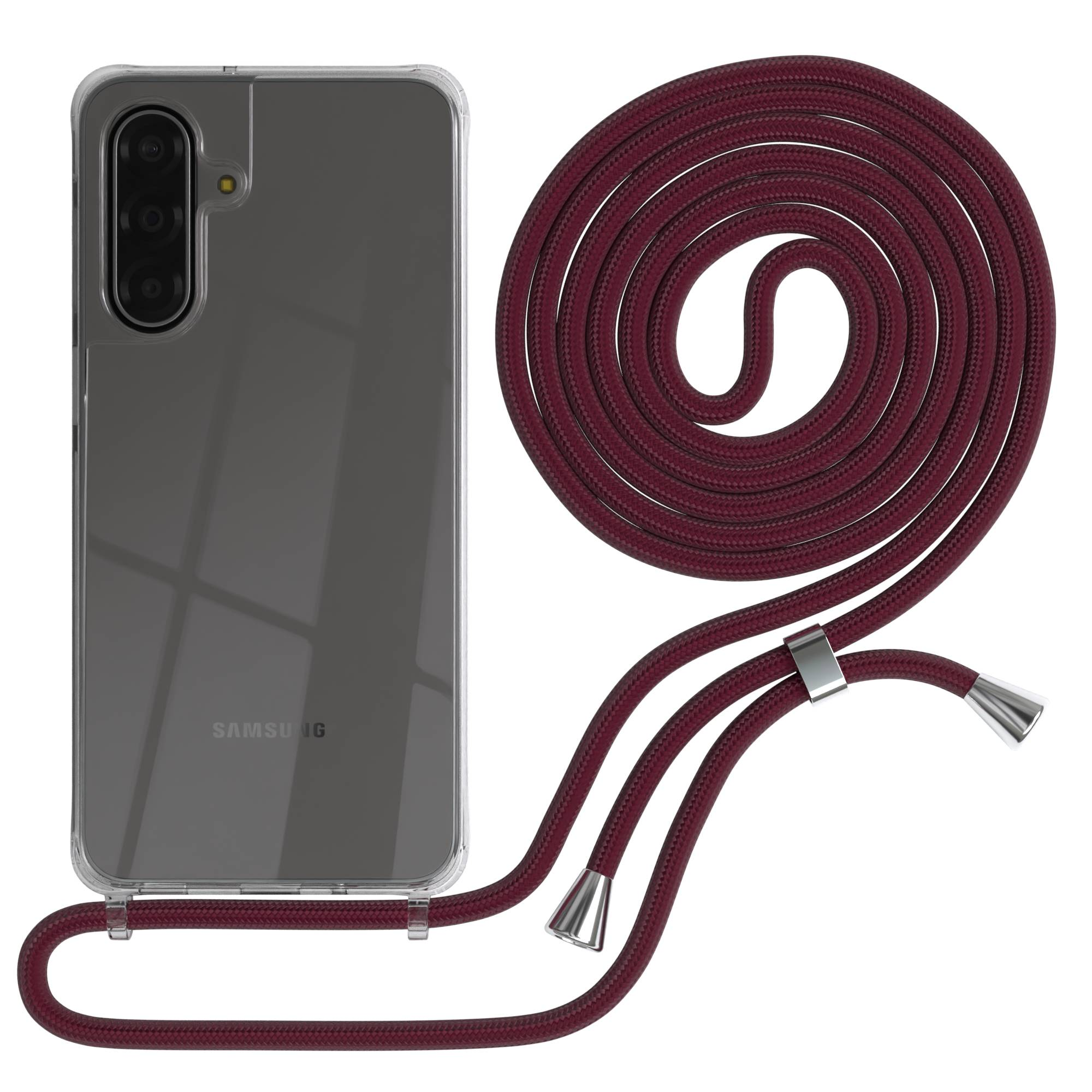 Ein transparentes Samsung Handy mit einer roten Kordel.