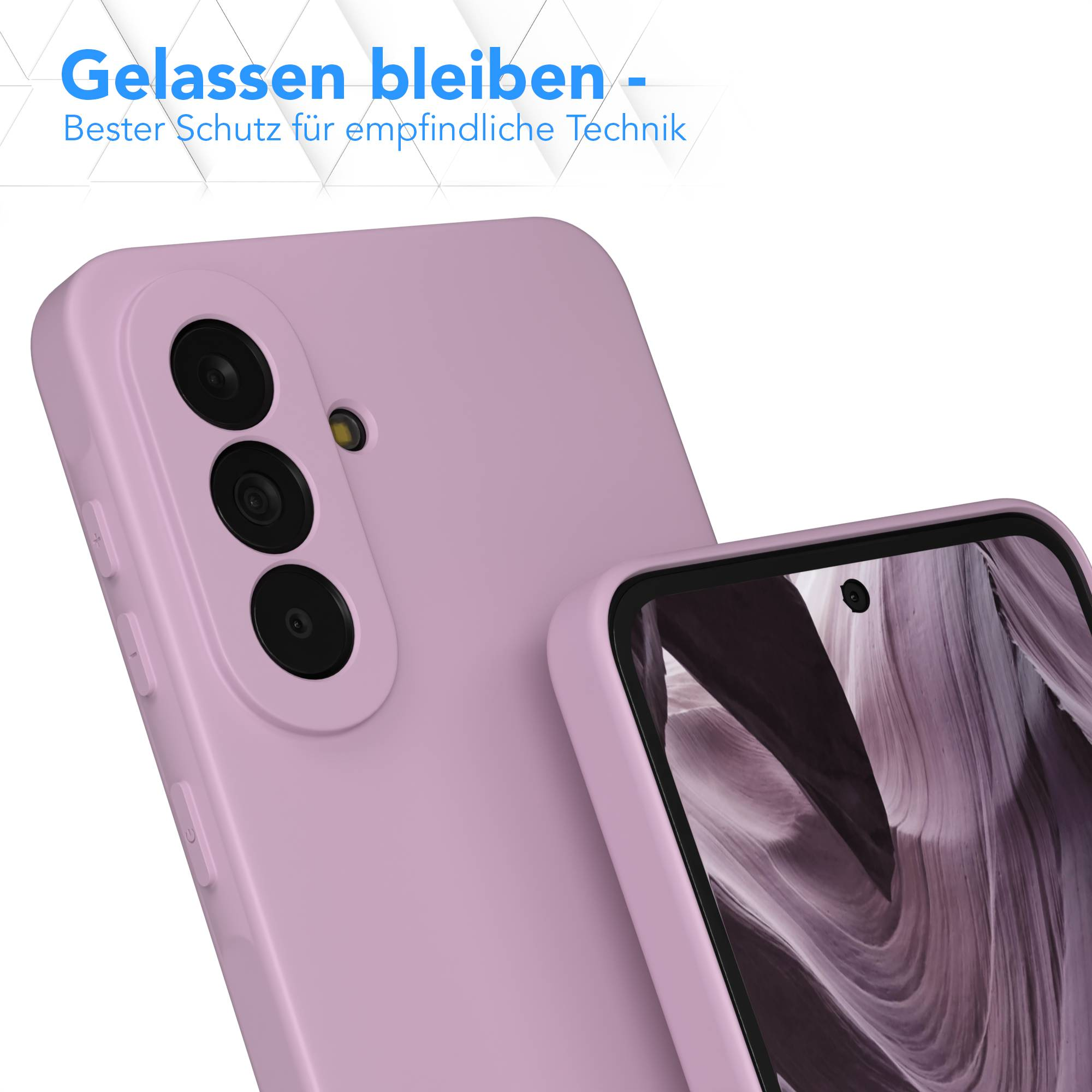 Ein lila Handy mit Kameras und einem Bildschirm mit Steinstruktur-Hintergrund.