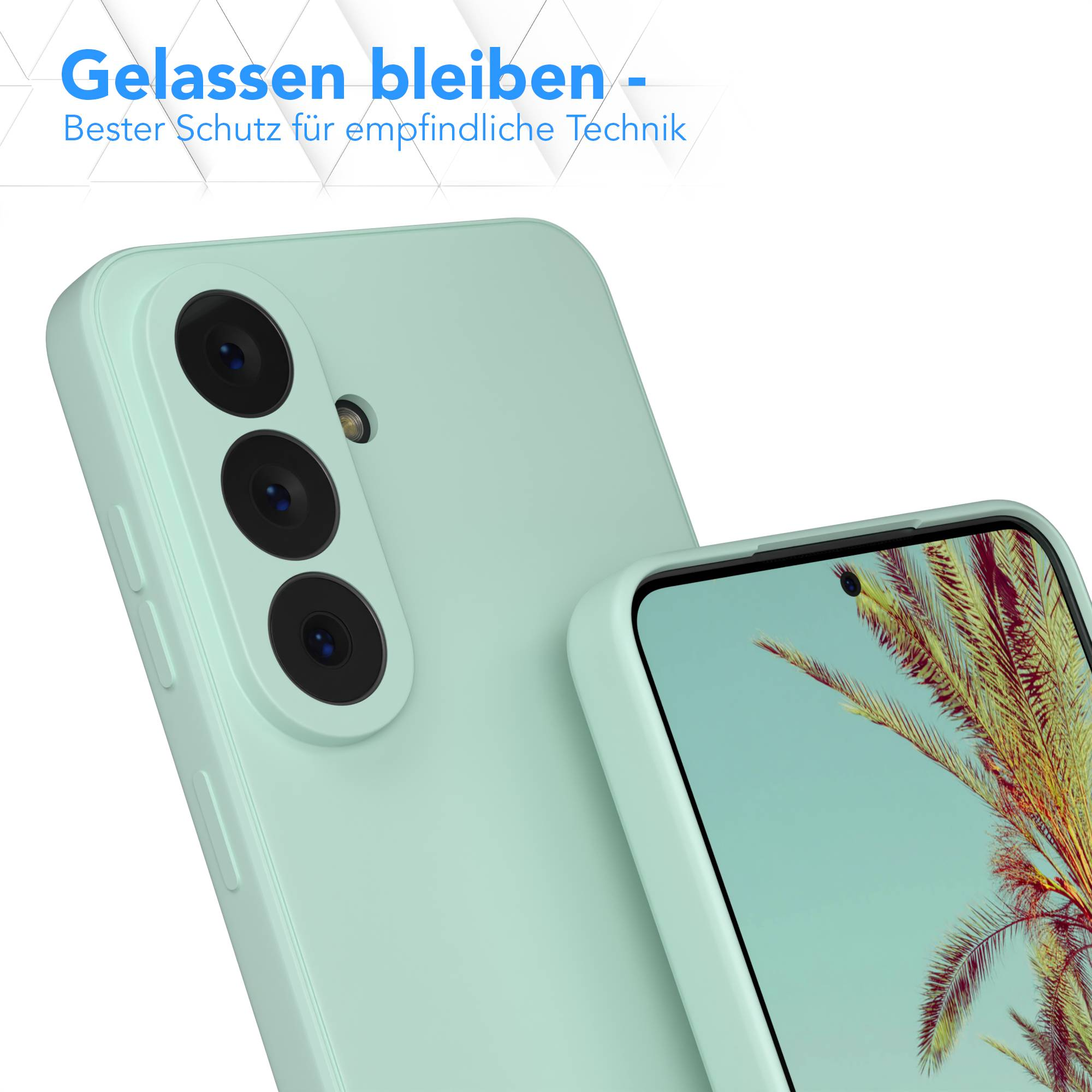 Hellgrüne Handyhülle mit dreifacher Kamera, Smartphone-Display mit Palmen.
