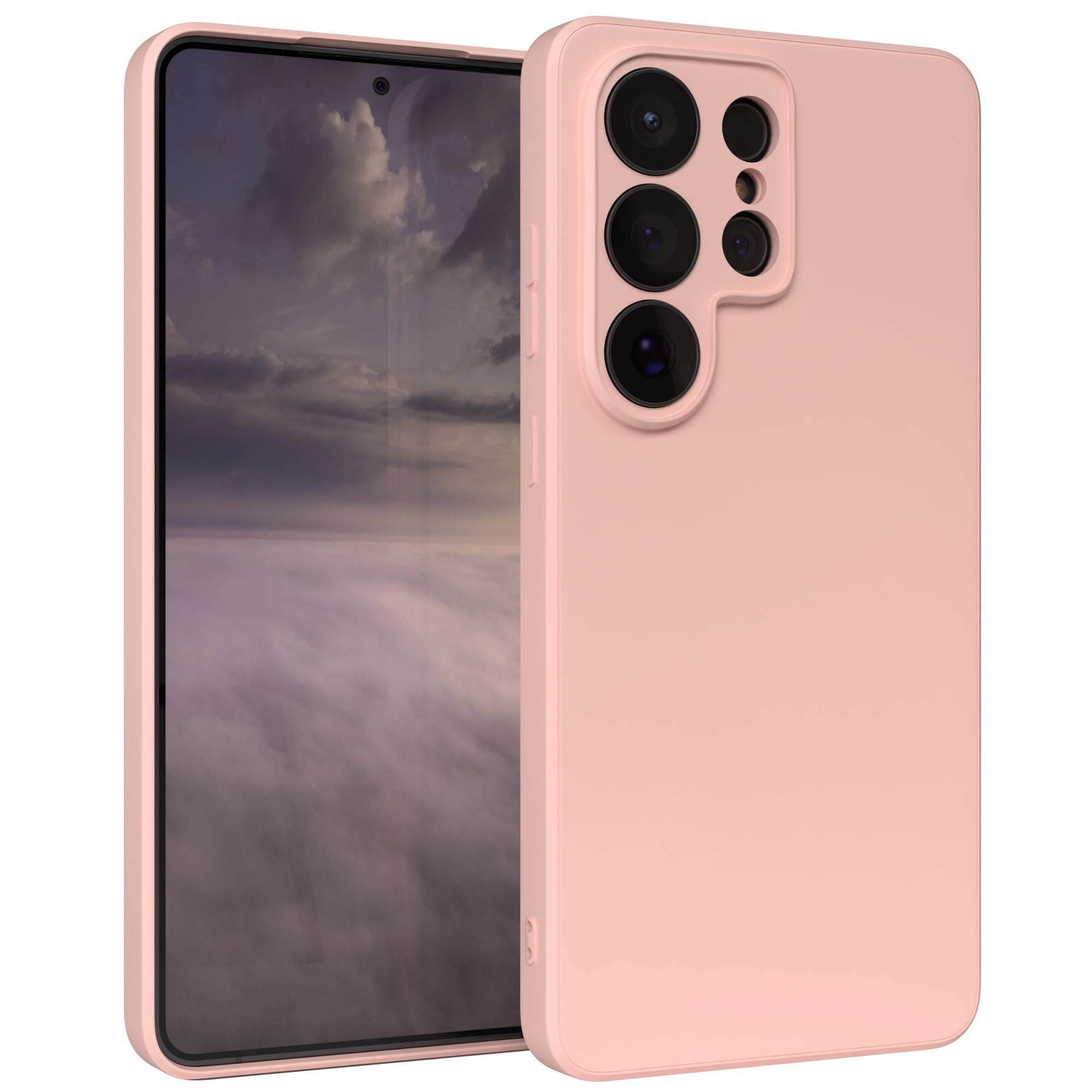 Ein rosafarbener Handykoffer mit einem Mobiltelefon, das auf der linken Seite liegt.
