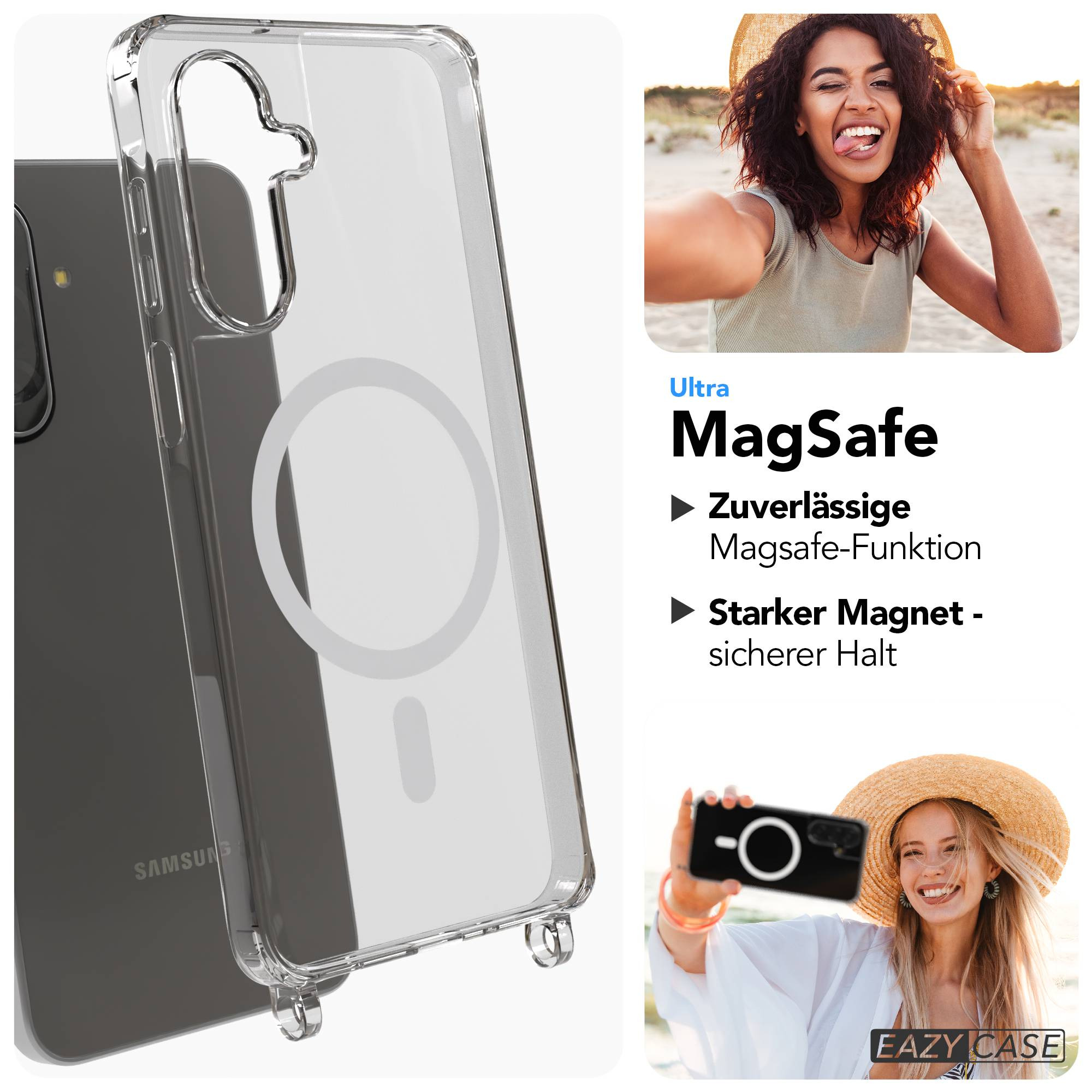 Transparente Handyhülle mit MagSafe-Ring auf einem dunklen Handy.