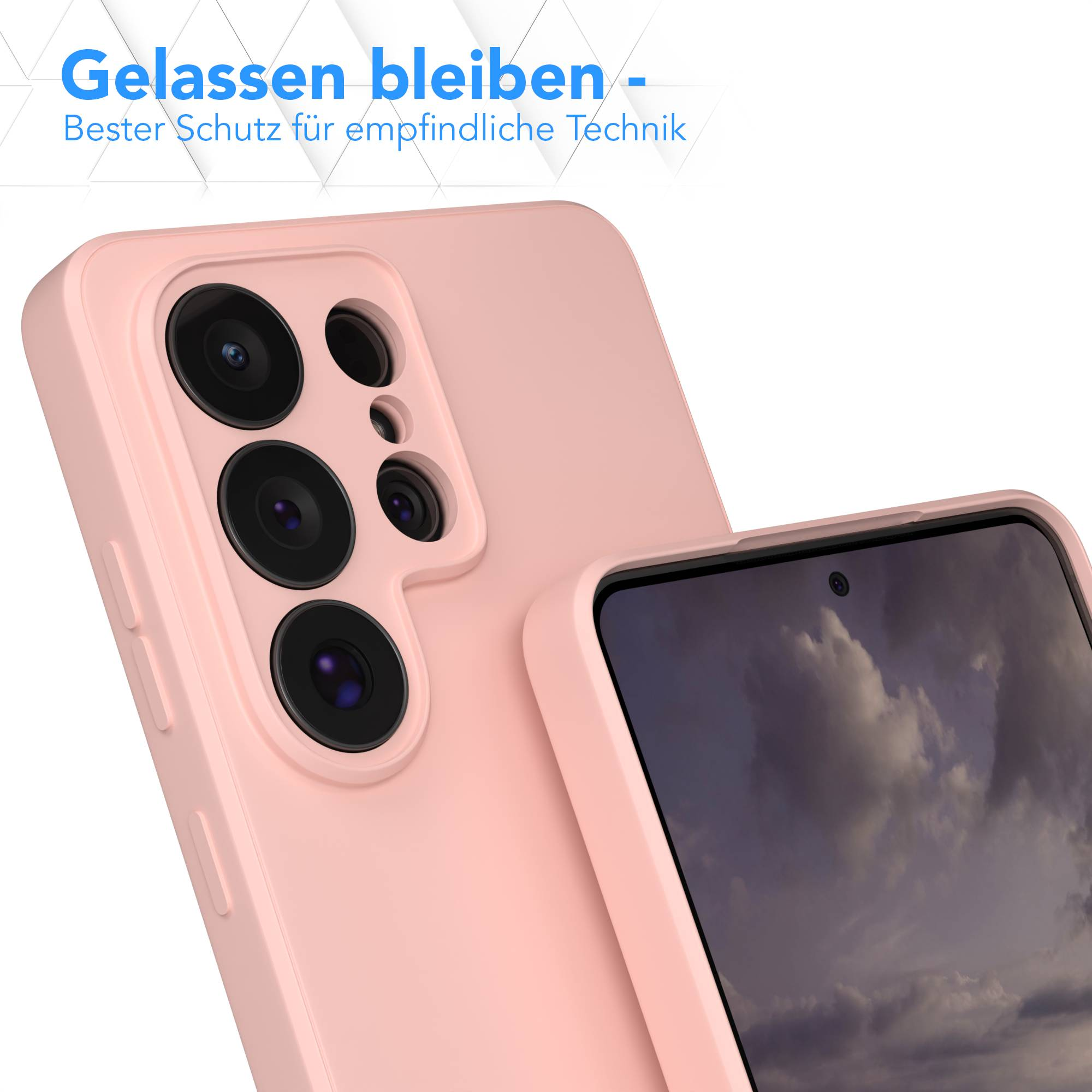 Ein rosa Smartphone mit einem Kameramodul und einem Bildschirm, der Wolken zeigt.
