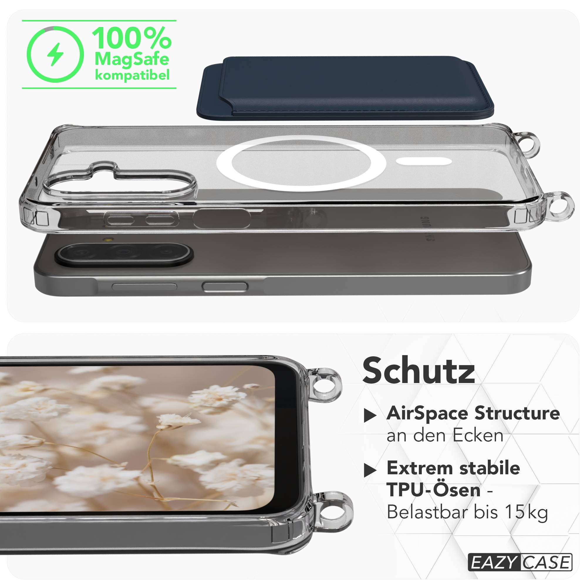 Transparente Handyhülle mit MagSafe-Kompatibilität und dunklem Kartenetui.