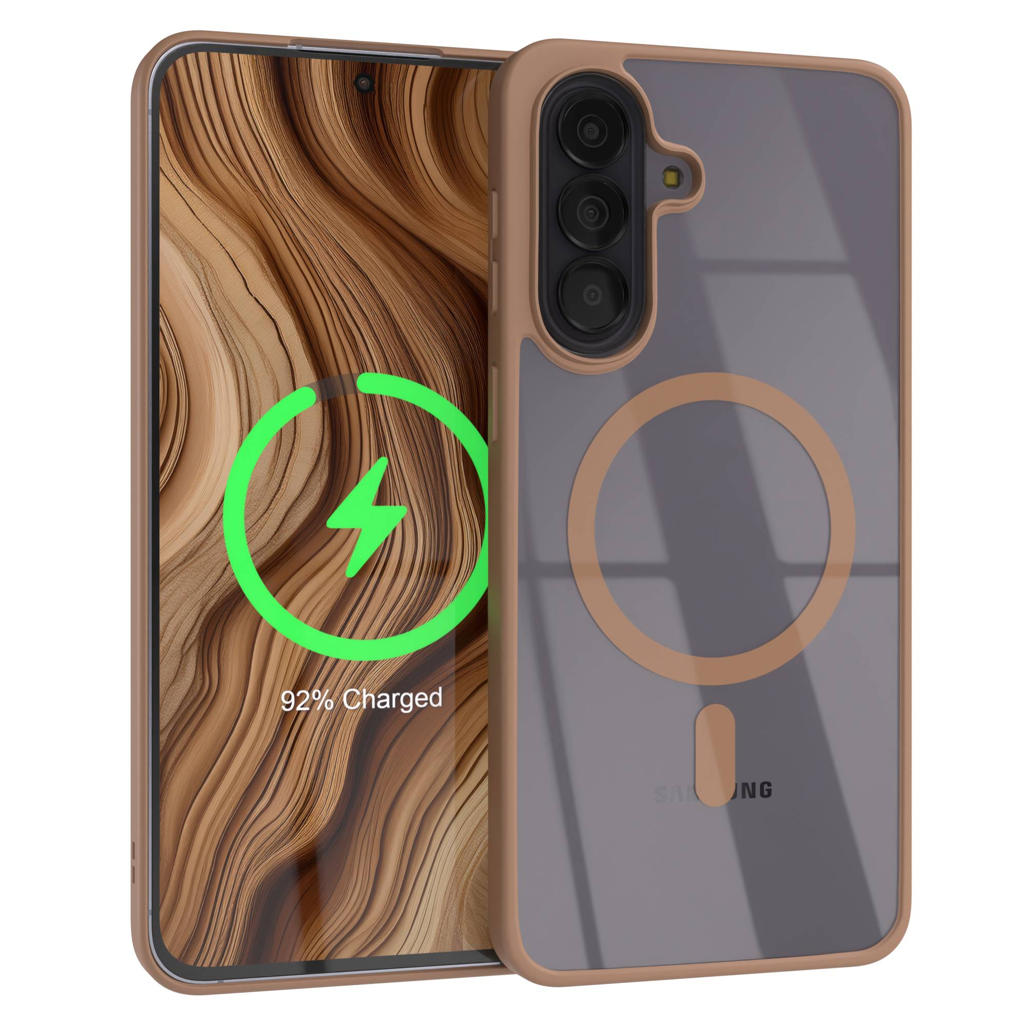 Ein Smartphone mit einem braunen Rahmen und transparenter Rückseite, das zu 92% geladen ist.