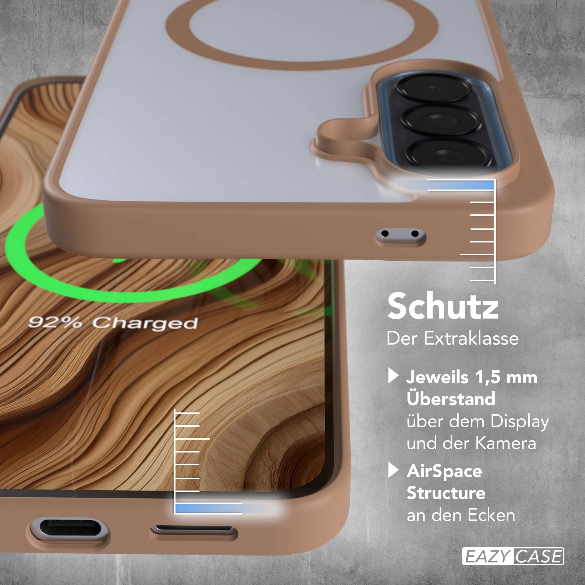 Ein braunes Handycase schützt ein Handy mit 92% Ladung und drei Kameras.