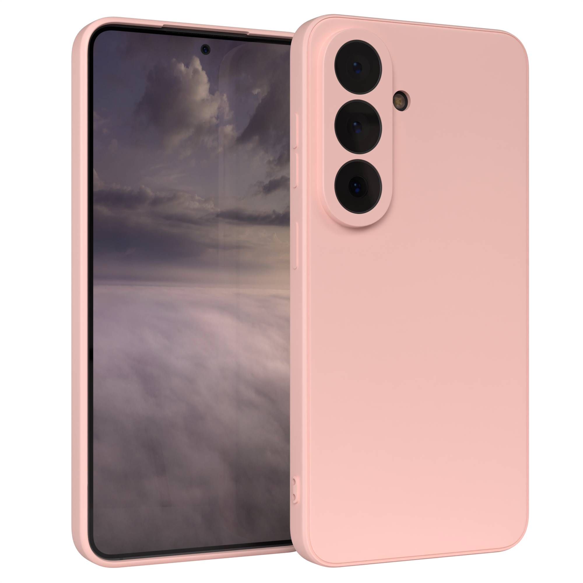Ein zartrosa Smartphone mit drei Kameras und einem Bildschirm, der Wolken zeigt.