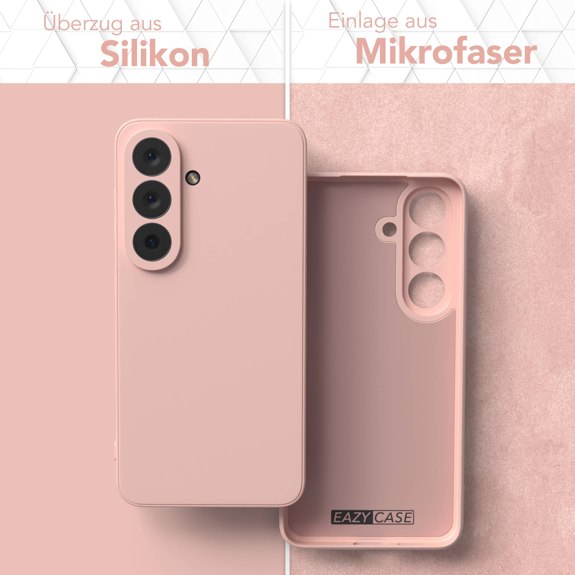 Ein rosafarbener Silikon-Handyhülle mit Kamerablende und ein rosafarbenes Mikrofaserfutter.