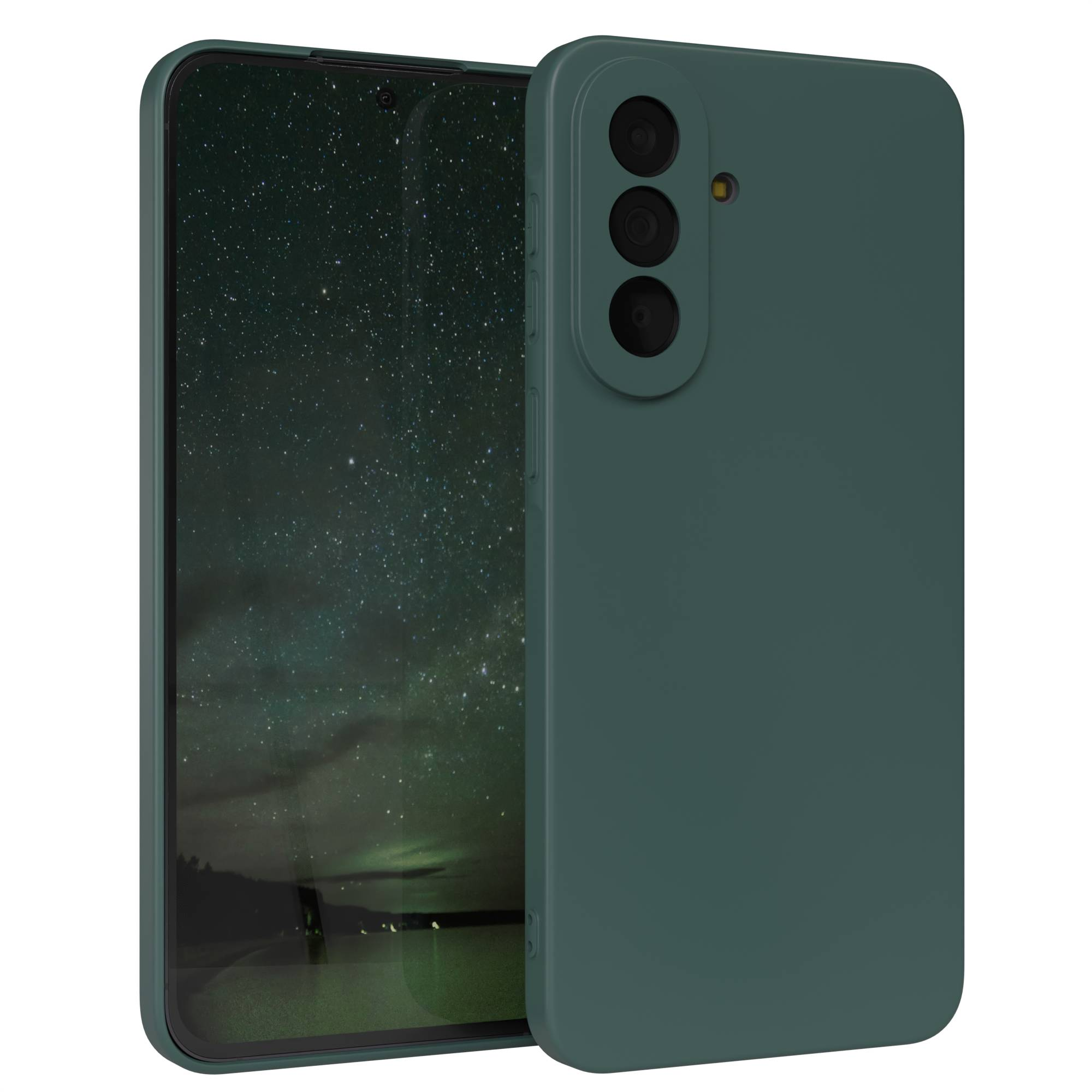 Ein dunkelgrünes Handy mit drei Kameras und Sternenhimmel-Hintergrund.
