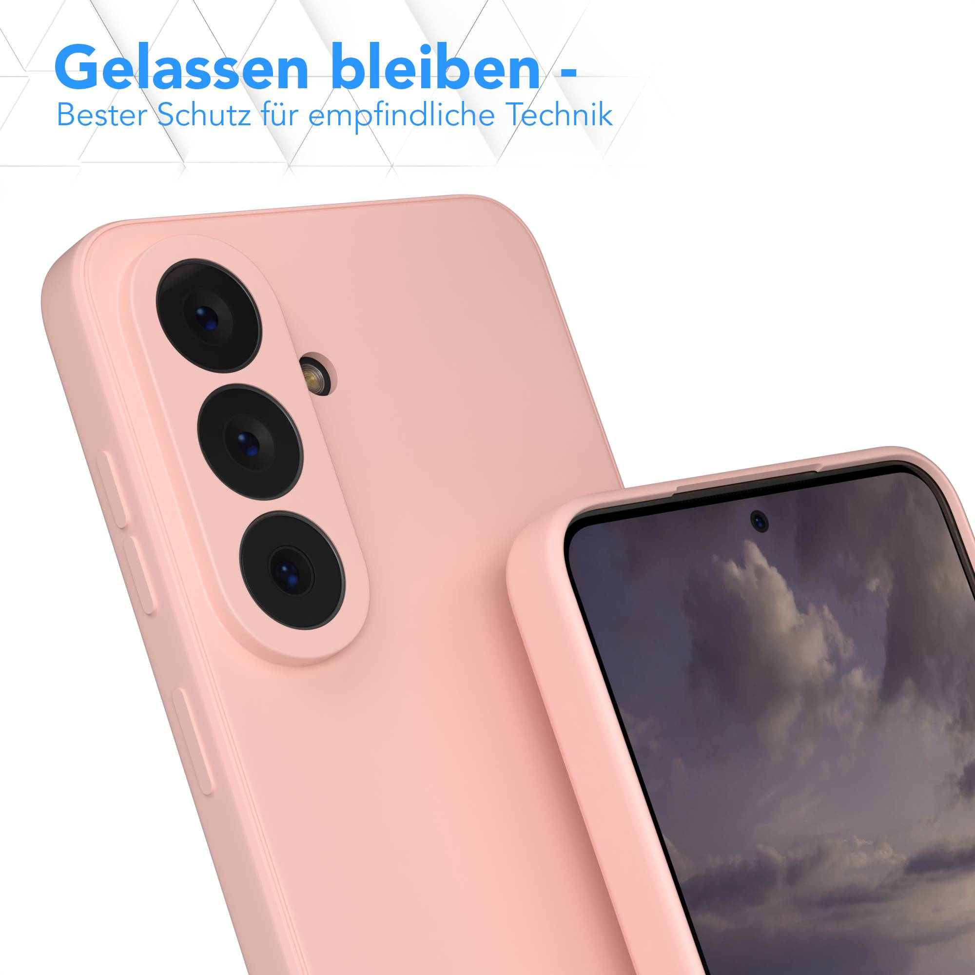 Ein rosafarbener Handyhülle mit drei Kameralinsen und einem Telefon.