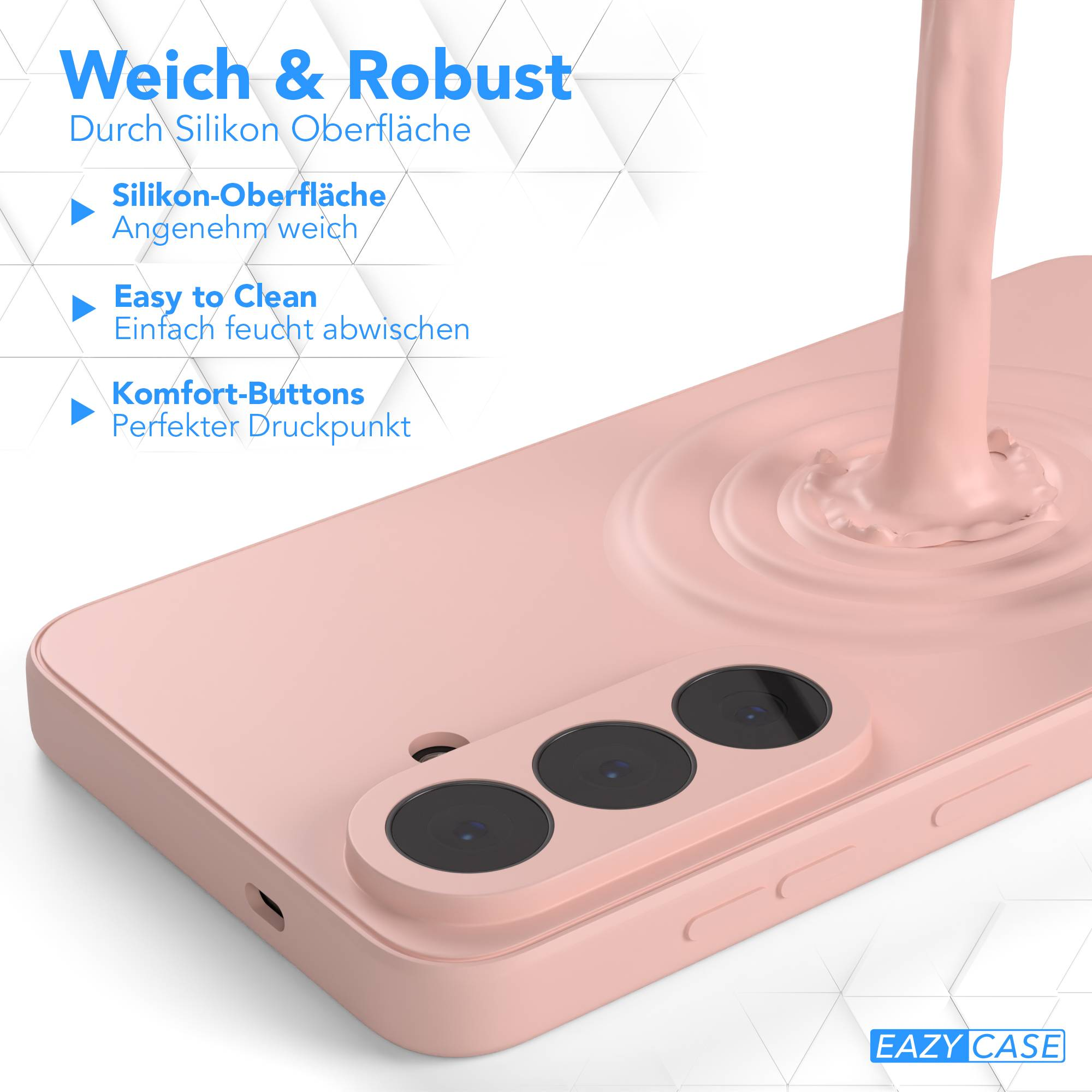 Eine rosafarbene Handyhülle wird in rosa Flüssigkeit getaucht. Die Kamera ist sichtbar.