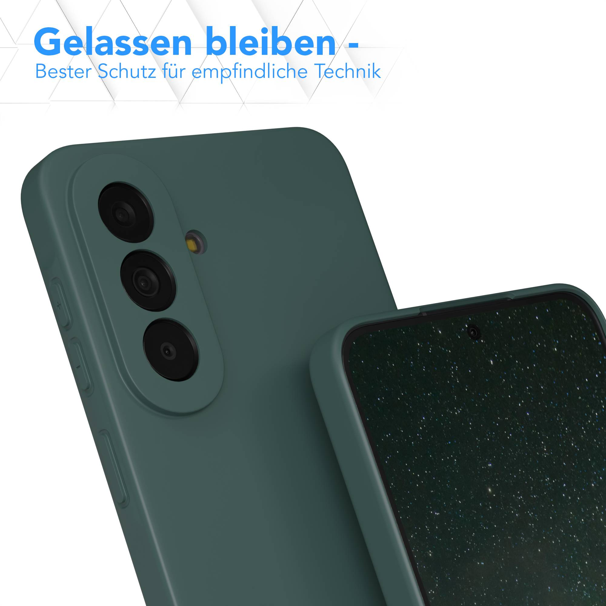 Grüne Handyhülle mit dreifacher Kamera und Lautstärketasten. Bildschirm zeigt Sternenhimmel.