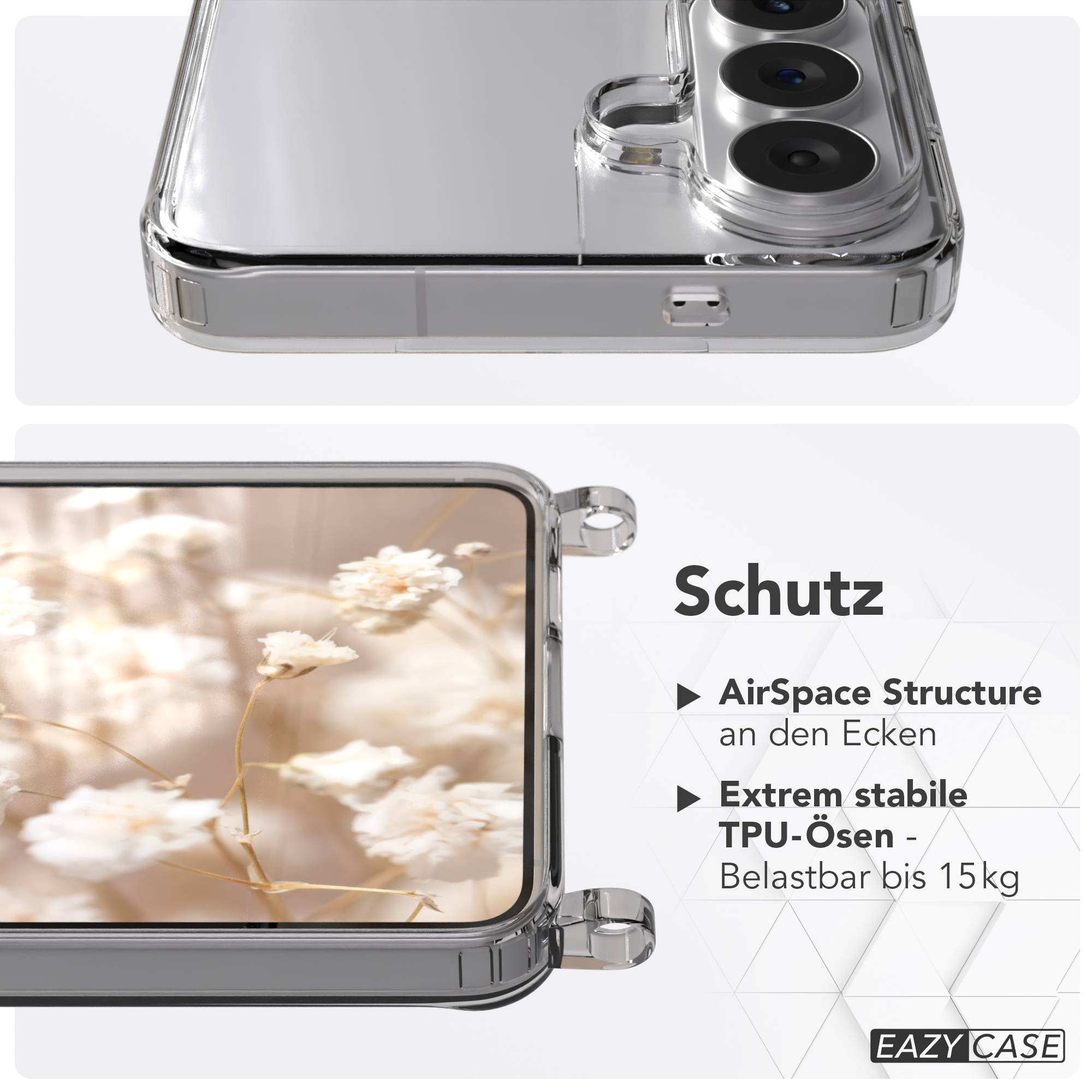 Transparente Handyhülle mit Fokus auf Kamera und Blumenmuster. Schutzinfos.