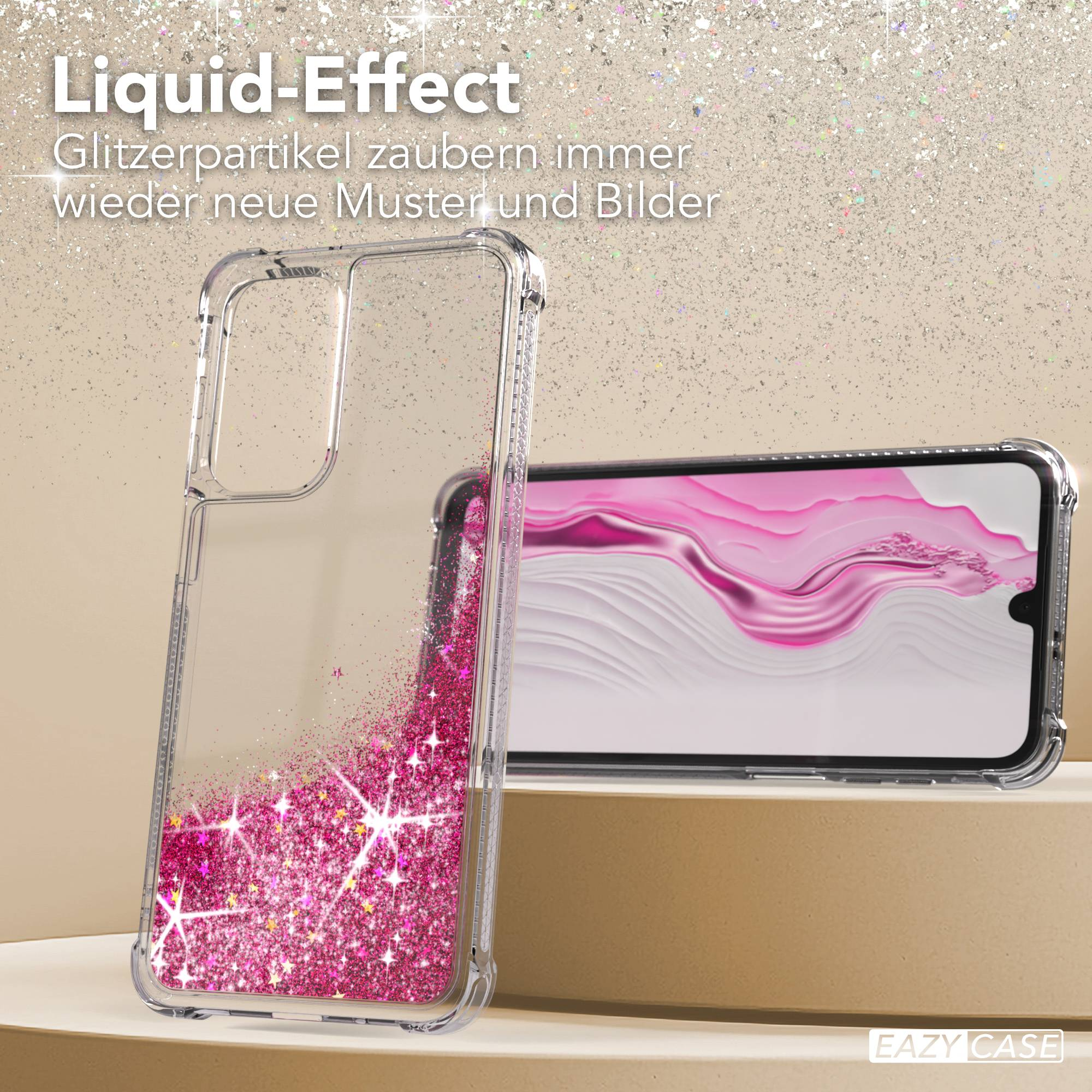 Transparente Hülle mit pinken Glitzerpartikeln und einem Smartphone.