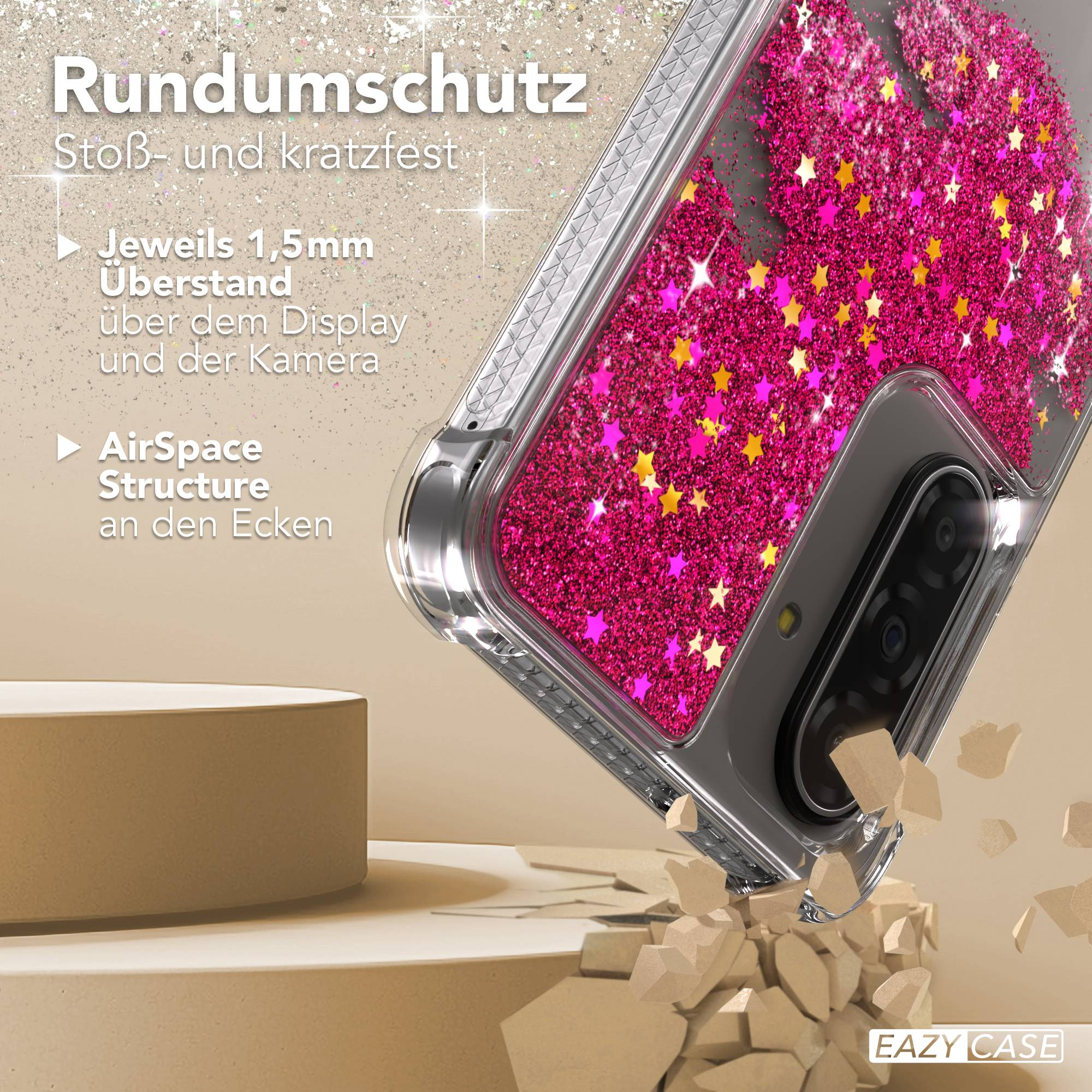 Schutzhülle mit pinken und goldenen Sternen, die vor einem Hintergrund aus zerbrechenden Steinen fällt.