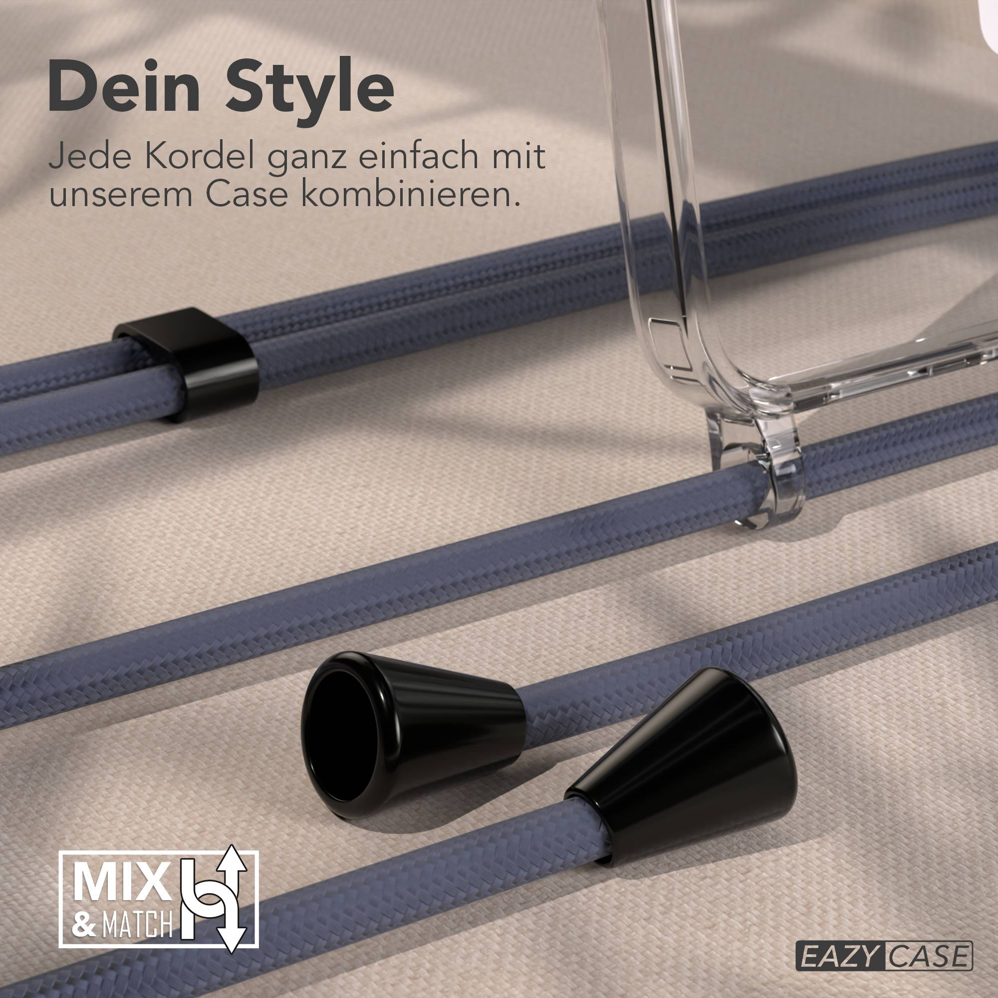Transparente Handyhülle mit blauen Kordeln und schwarzen Endstücken.